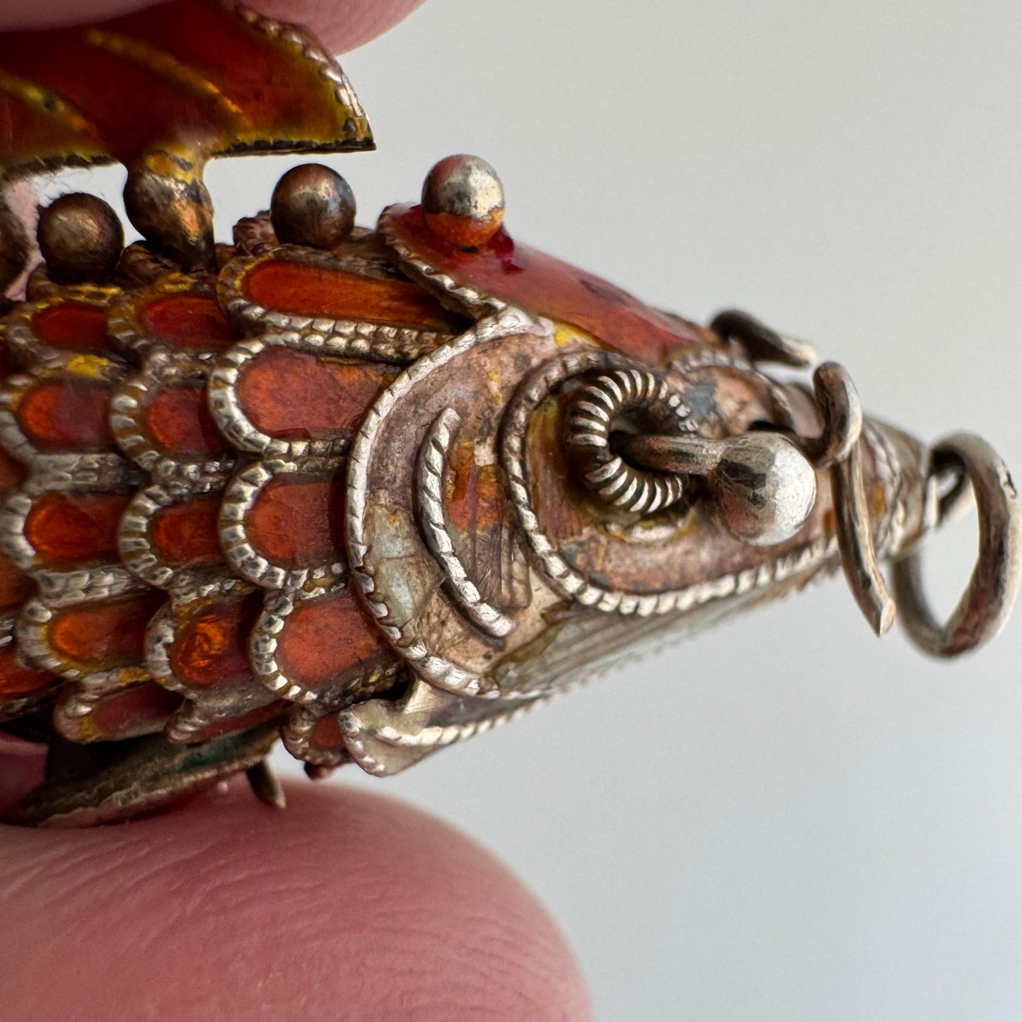 V I N T A G E // lucky catch / silver and enamel articulated fish  / a pendant