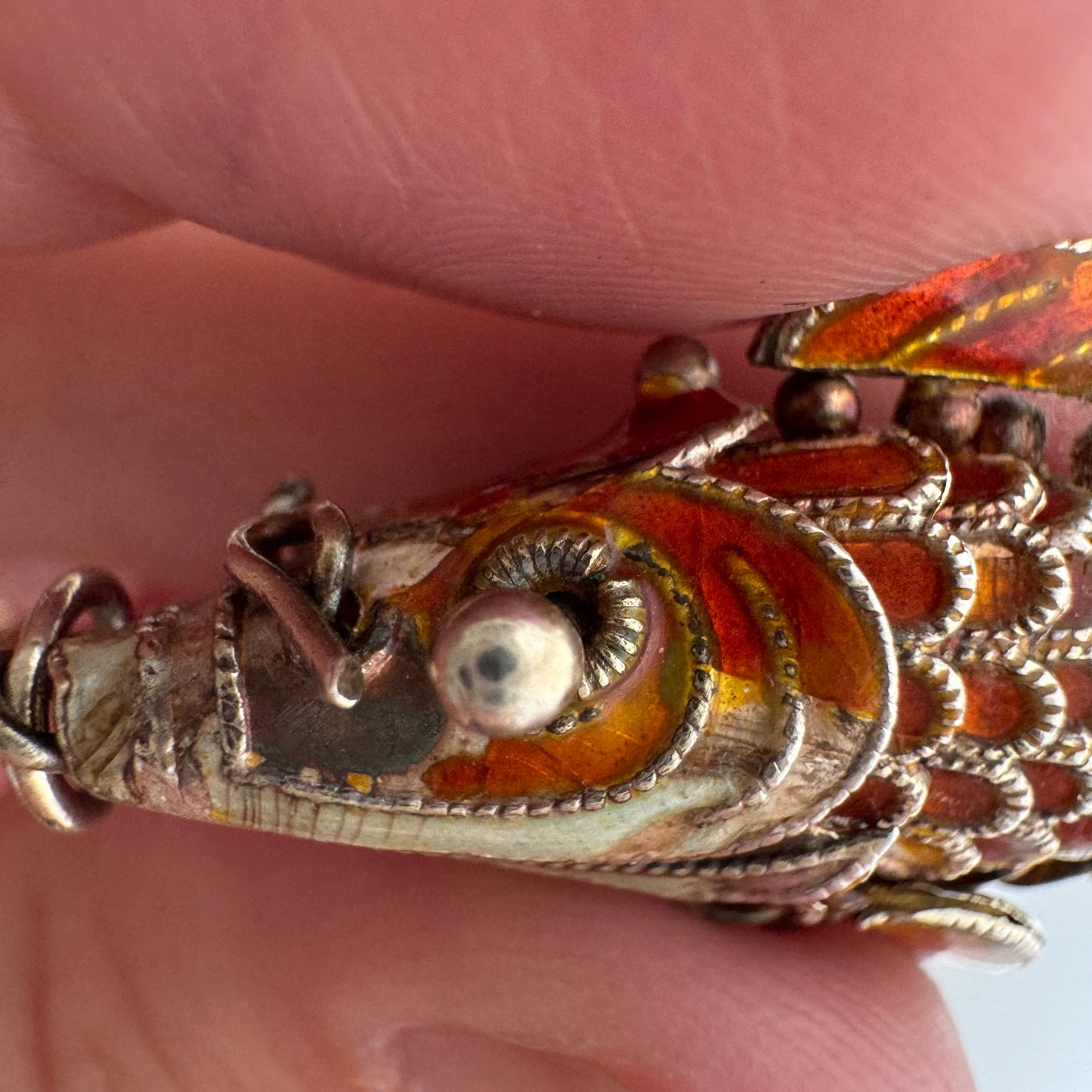 V I N T A G E // lucky catch / silver and enamel articulated fish  / a pendant