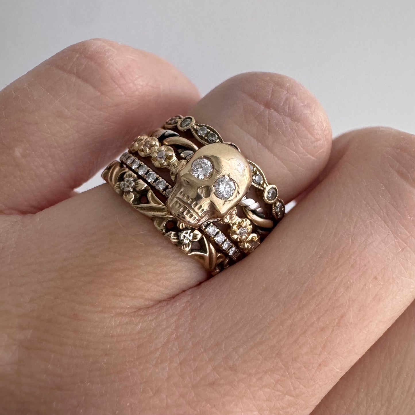 reimagined V I N T A G E // memento mori / 14k yellow gold and diamond ring / skull conversion ring / size 7.75