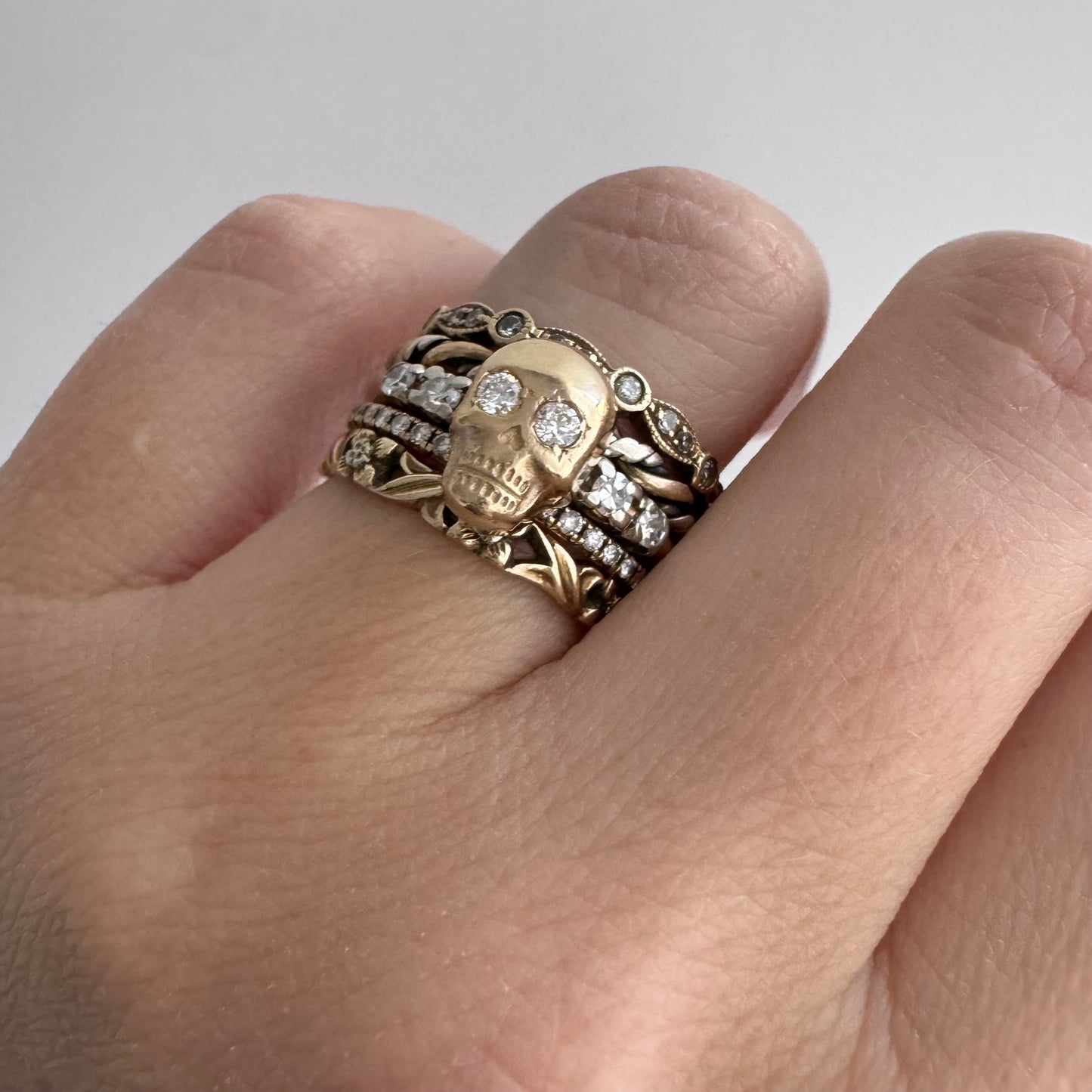 reimagined V I N T A G E // memento mori / 14k yellow and white gold and diamond ring / skull conversion ring / size 7.25