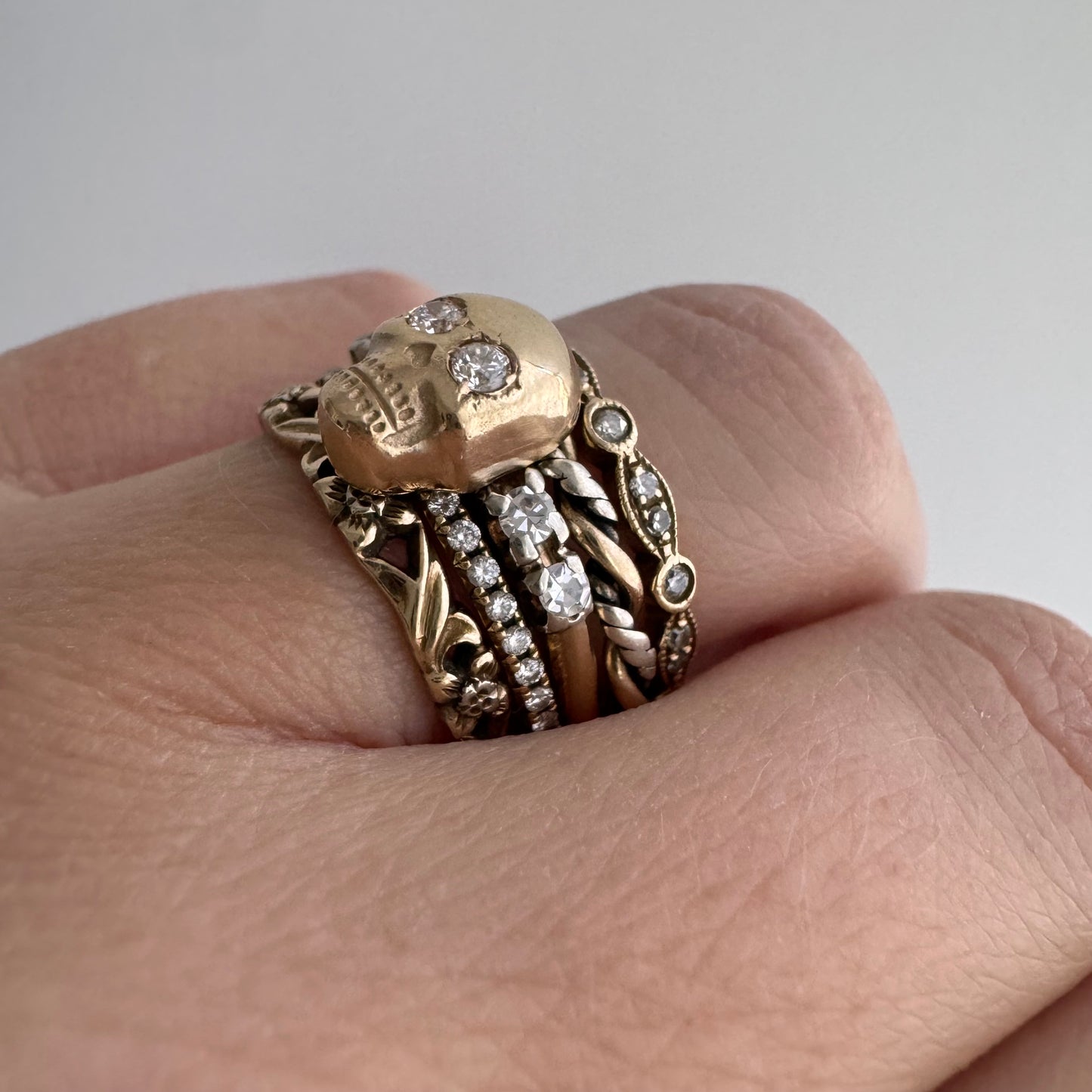 reimagined V I N T A G E // memento mori / 14k yellow and white gold and diamond ring / skull conversion ring / size 7.25