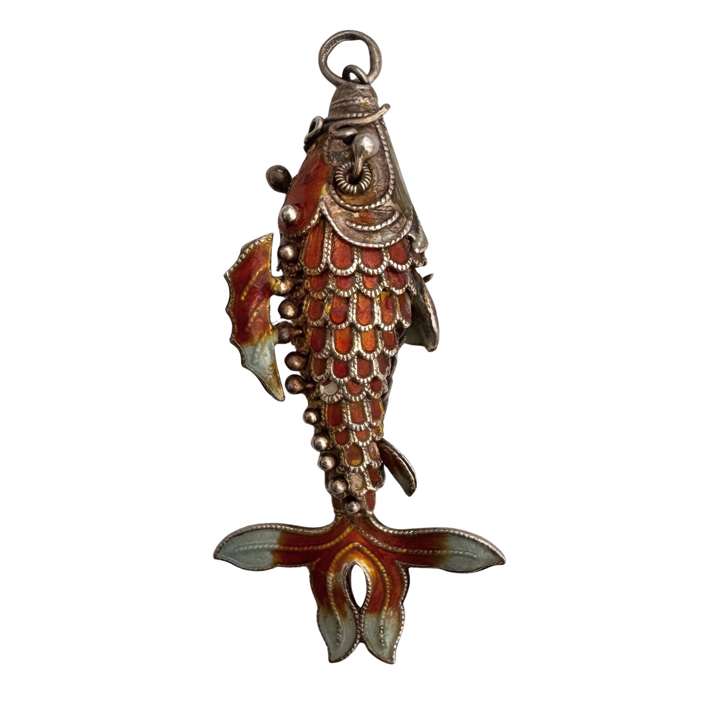 V I N T A G E // lucky catch / silver and enamel articulated fish  / a pendant