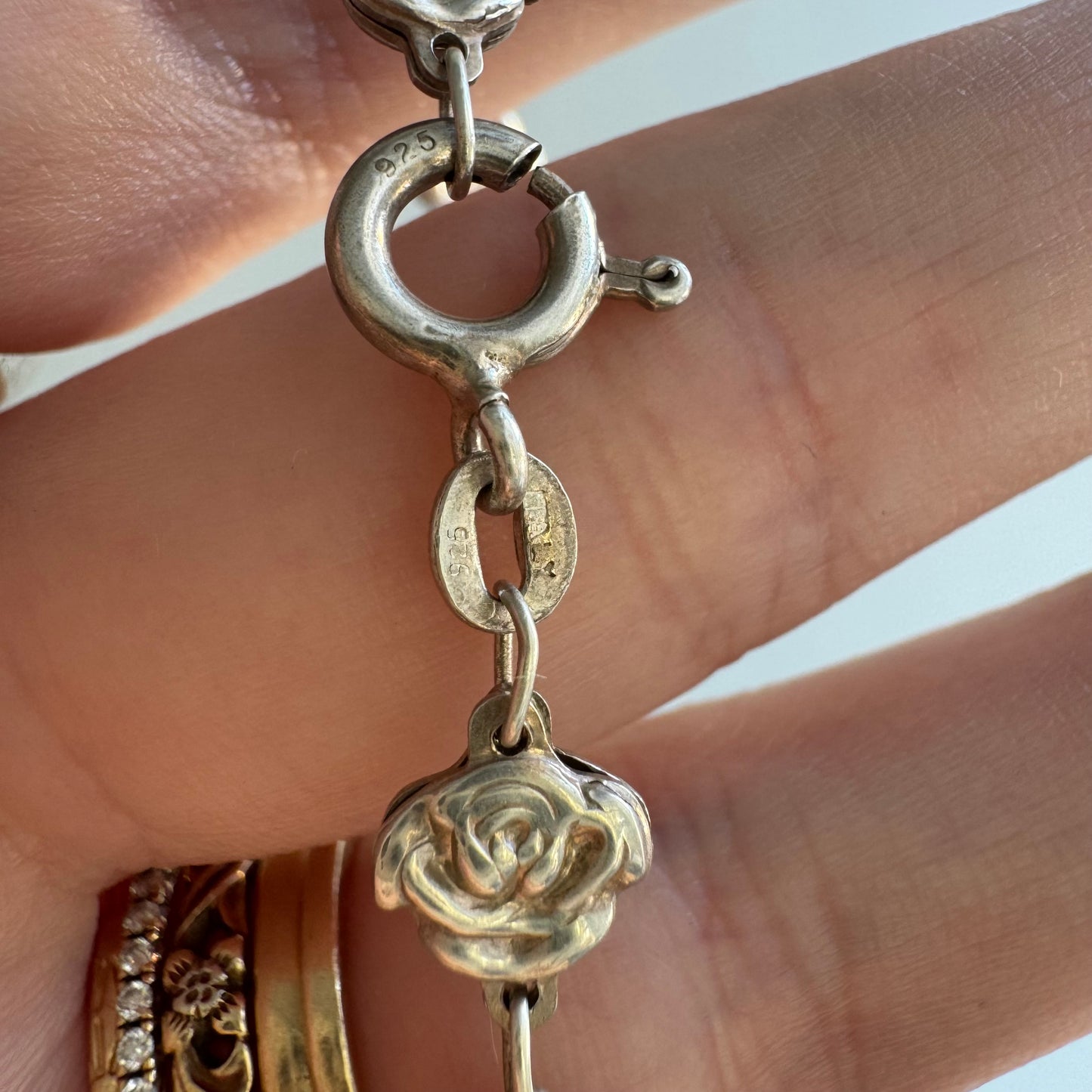 V I N T A G E // coming up rosy / sterling silver rose link chain necklace / 17.5", 13g