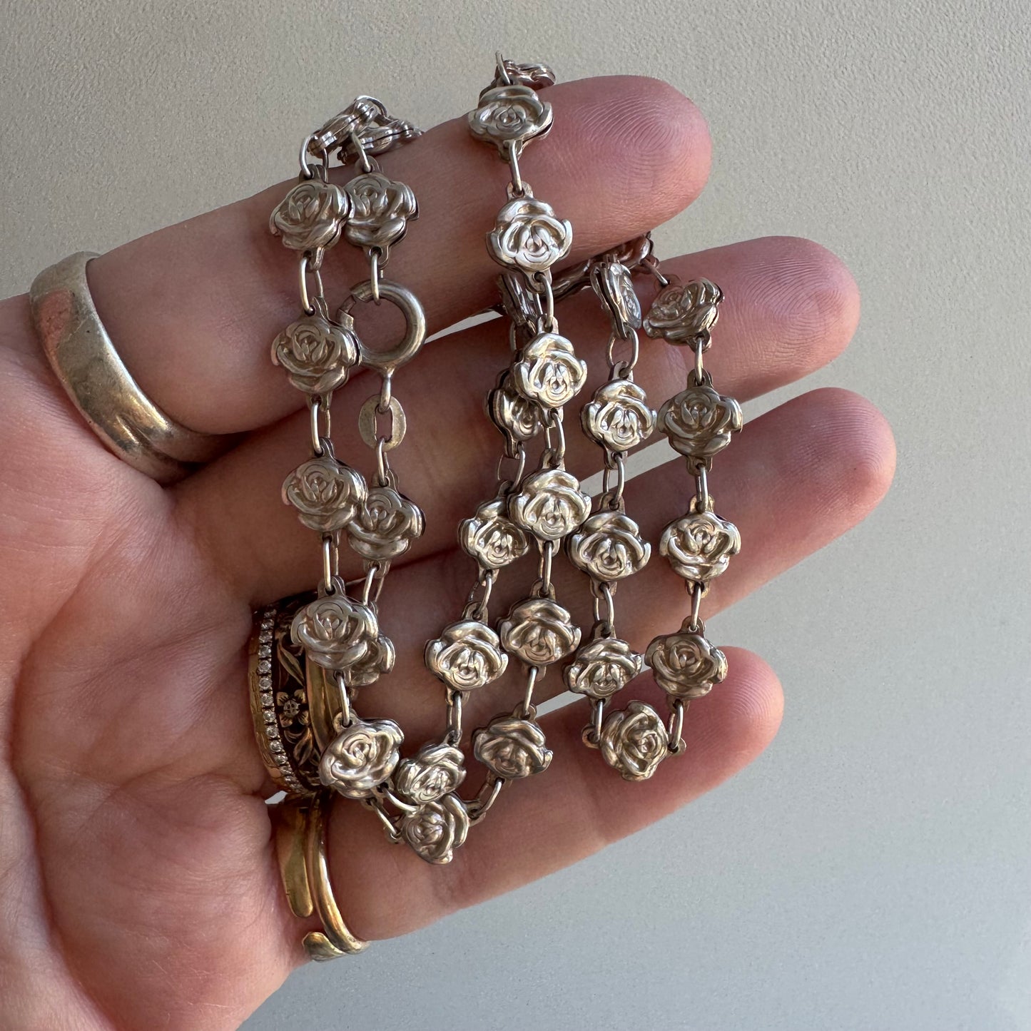 V I N T A G E // coming up rosy / sterling silver rose link chain necklace / 17.5", 13g