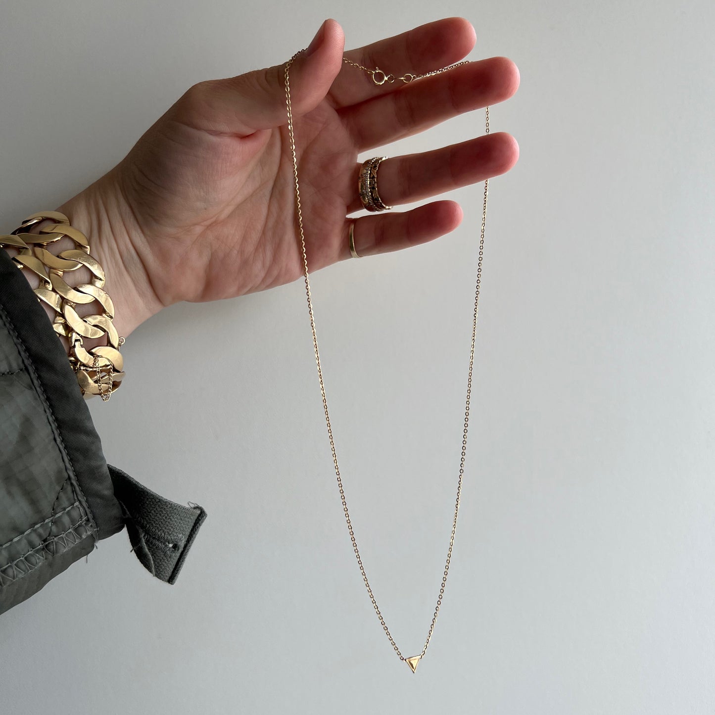 H A N D M A D E // tiny change / 14k yellow gold triangle pendant necklace / 17"