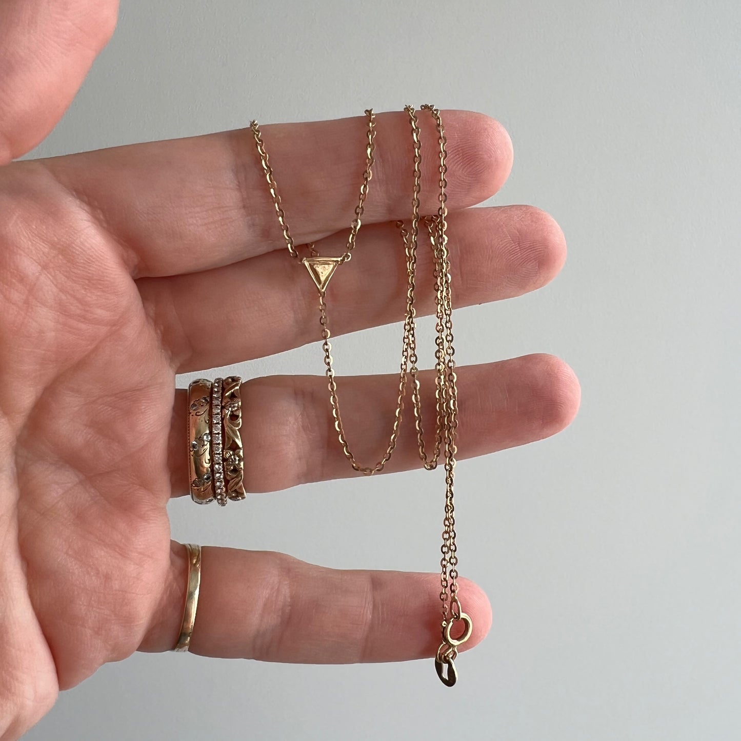 H A N D M A D E // tiny change / 14k yellow gold triangle pendant necklace / 17"