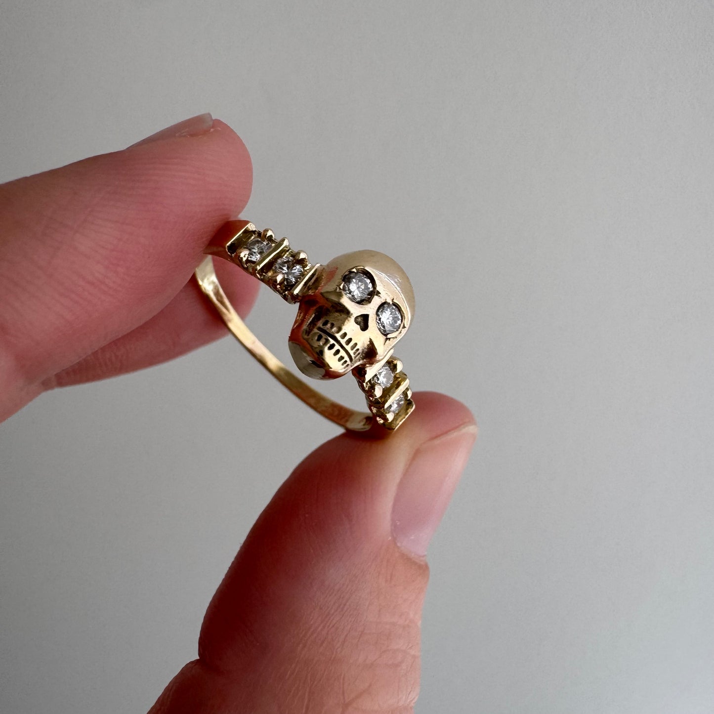 reimagined E S T A T E // memento mori / 14k and diamond half eternity skull stacking ring / size 8.25+