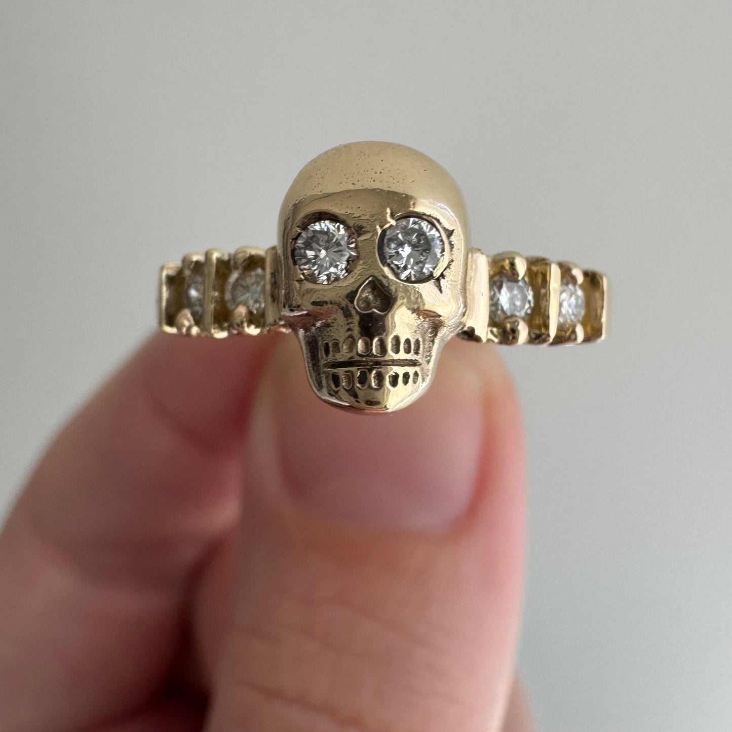 reimagined E S T A T E // memento mori / 14k and diamond half eternity skull stacking ring / size 8.25+