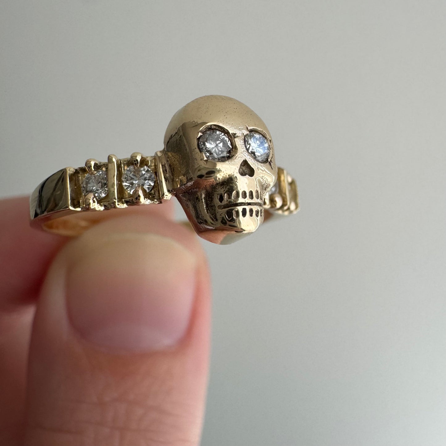 reimagined E S T A T E // memento mori / 14k and diamond half eternity skull stacking ring / size 8.25+