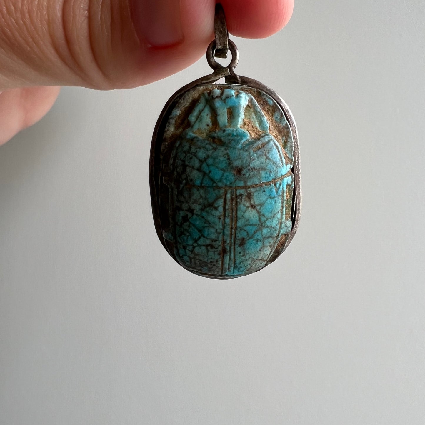 V I N T A G E // worldly beetle / very old carved turquoise scarab pendant in Egyptian sterling silver / a pendant