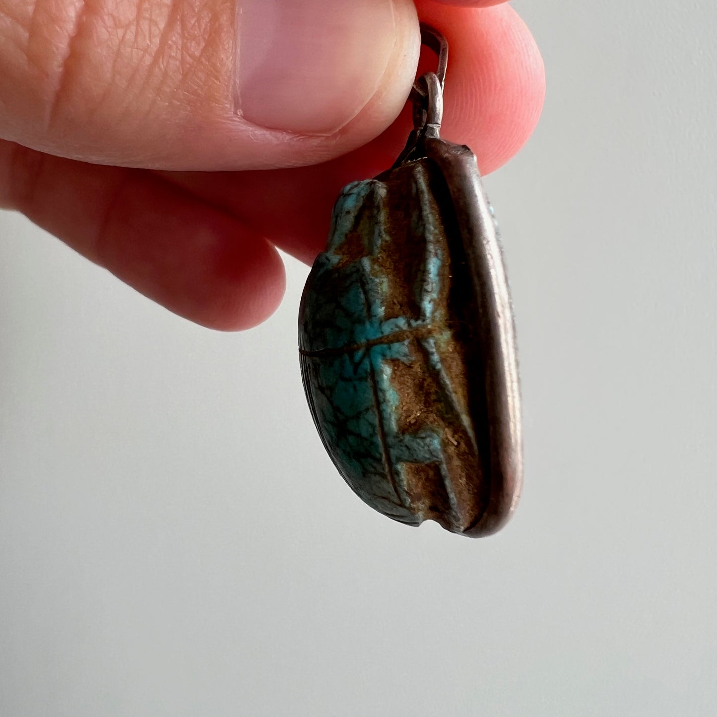 V I N T A G E // worldly beetle / very old carved turquoise scarab pendant in Egyptian sterling silver / a pendant