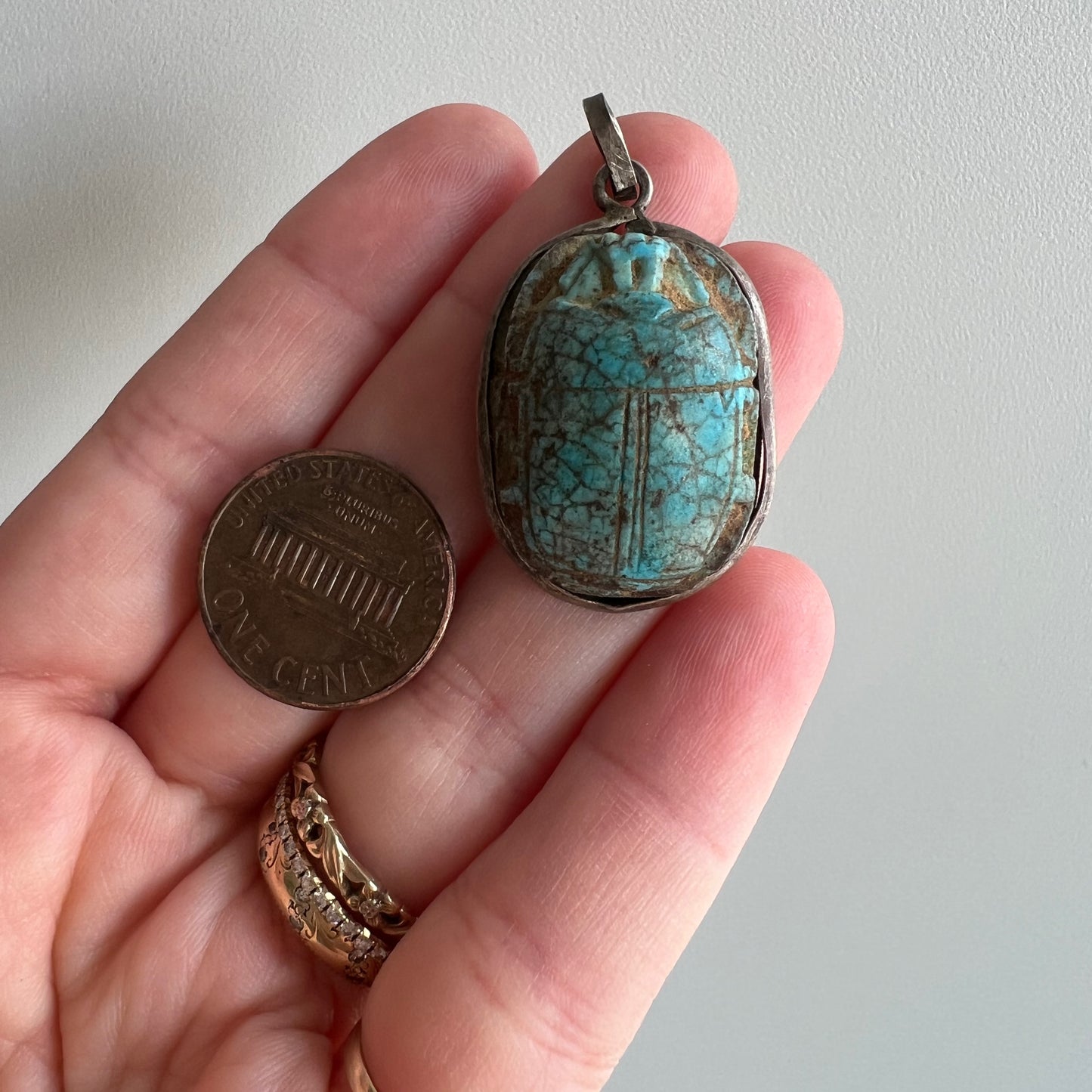 V I N T A G E // worldly beetle / very old carved turquoise scarab pendant in Egyptian sterling silver / a pendant