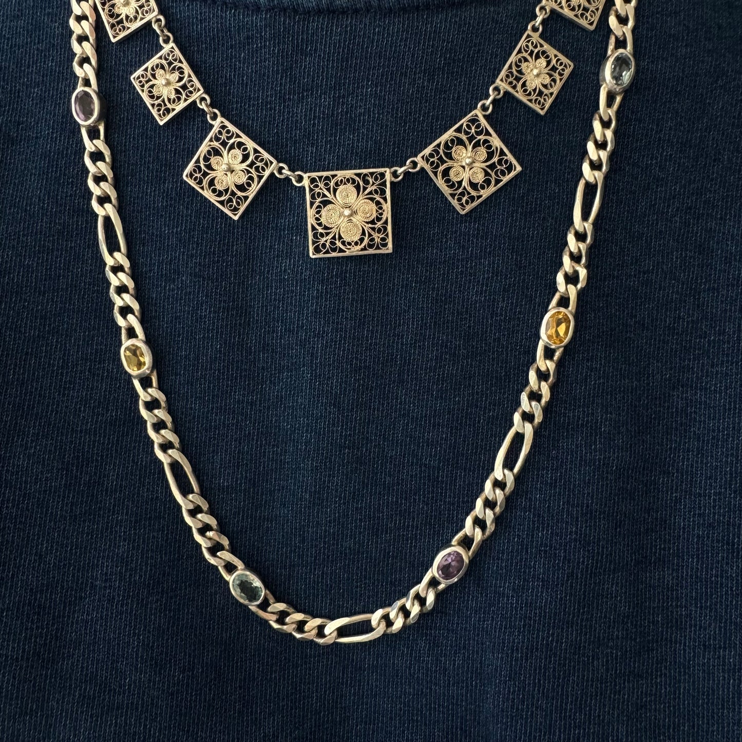 V I N T A G E // floral panels / eastern European 835 silver square floral filigree panel necklace / 17", 18g