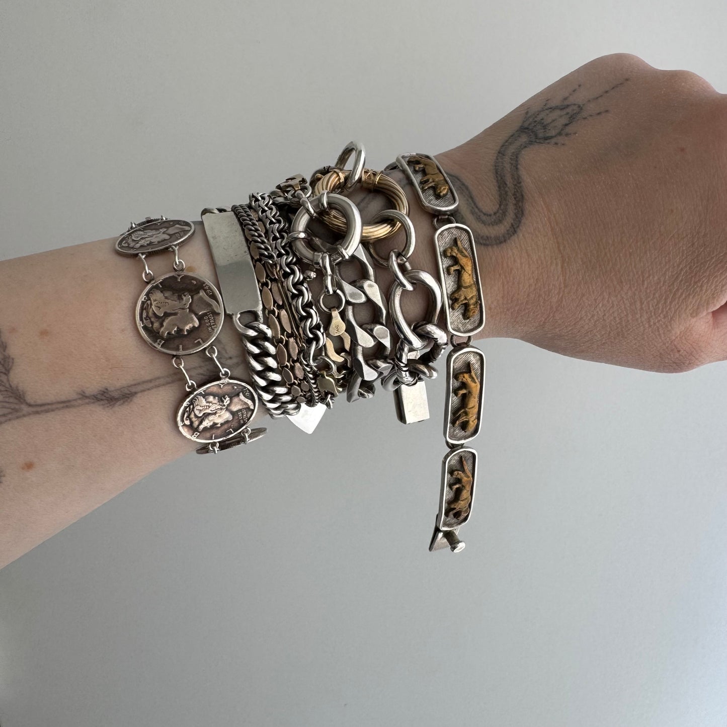 V I N T A G E // big cat links / designer inspired sterling silver and brass panther link bracelet / ~7.75", 35.1g