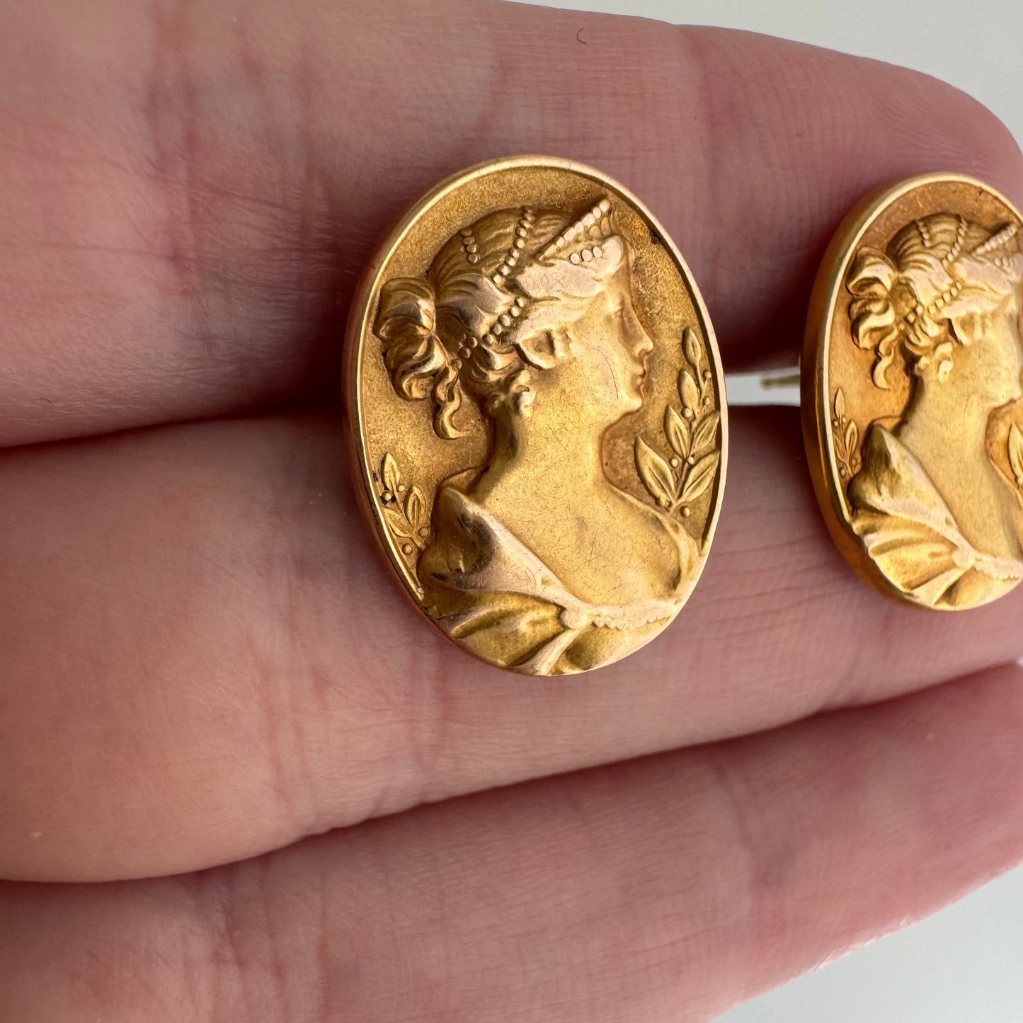 reimagined A N T I Q U E // maybe Hera / 14k Greek goddess cufflink conversion earrings