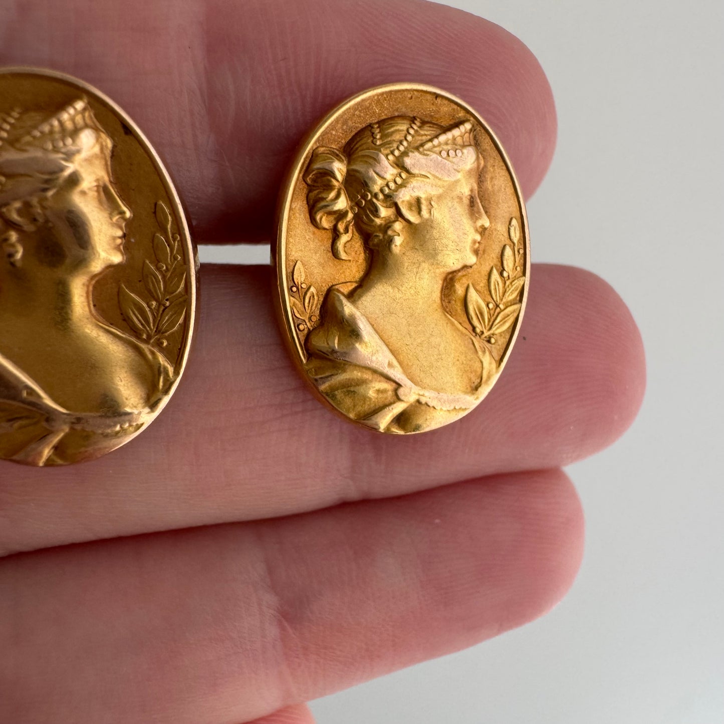 reimagined A N T I Q U E // maybe Hera / 14k Greek goddess cufflink conversion earrings