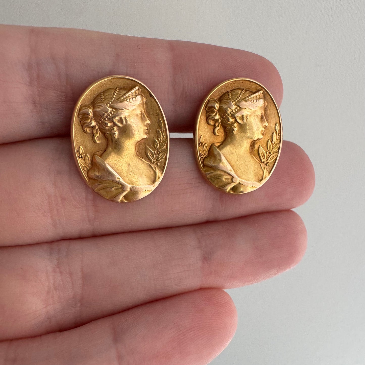 reimagined A N T I Q U E // maybe Hera / 14k Greek goddess cufflink conversion earrings