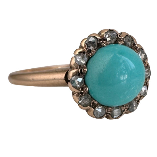 re-worked A N T I Q U E // turquoise daisy halo / 10k victorian gold with rose cut grey diamonds and turquoise / size 6