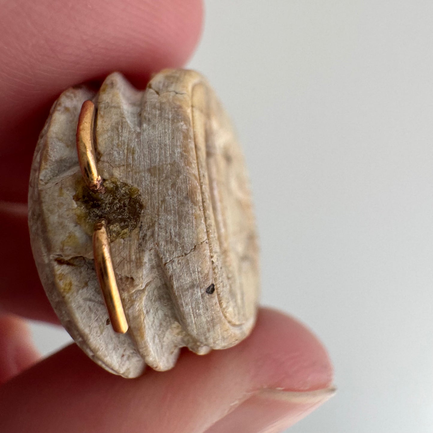 V I N T A G E // dynamic beetle / 14k and carved faience or stone scarab with maybe Horus carving / a pendant