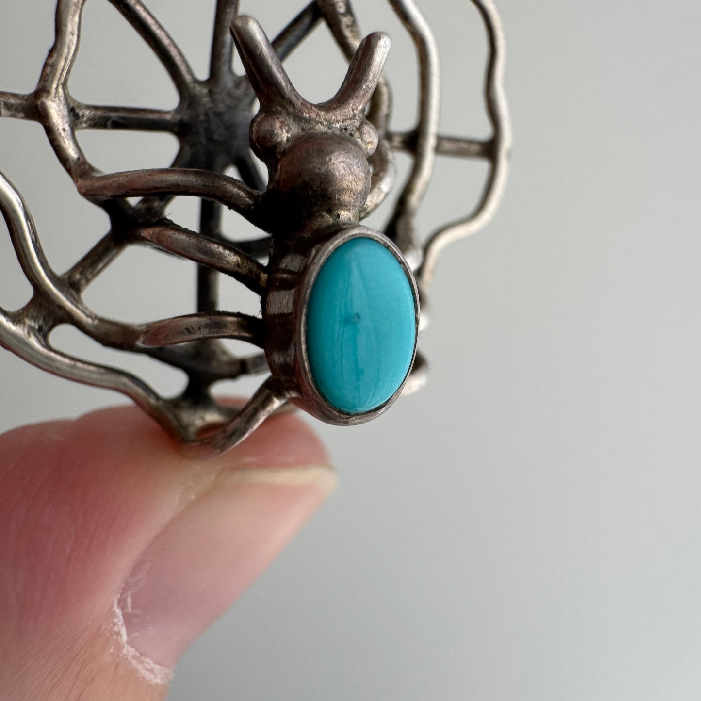 V I N T A G E // web weaver / sterling silver turquoise back spider on her web / a pendant
