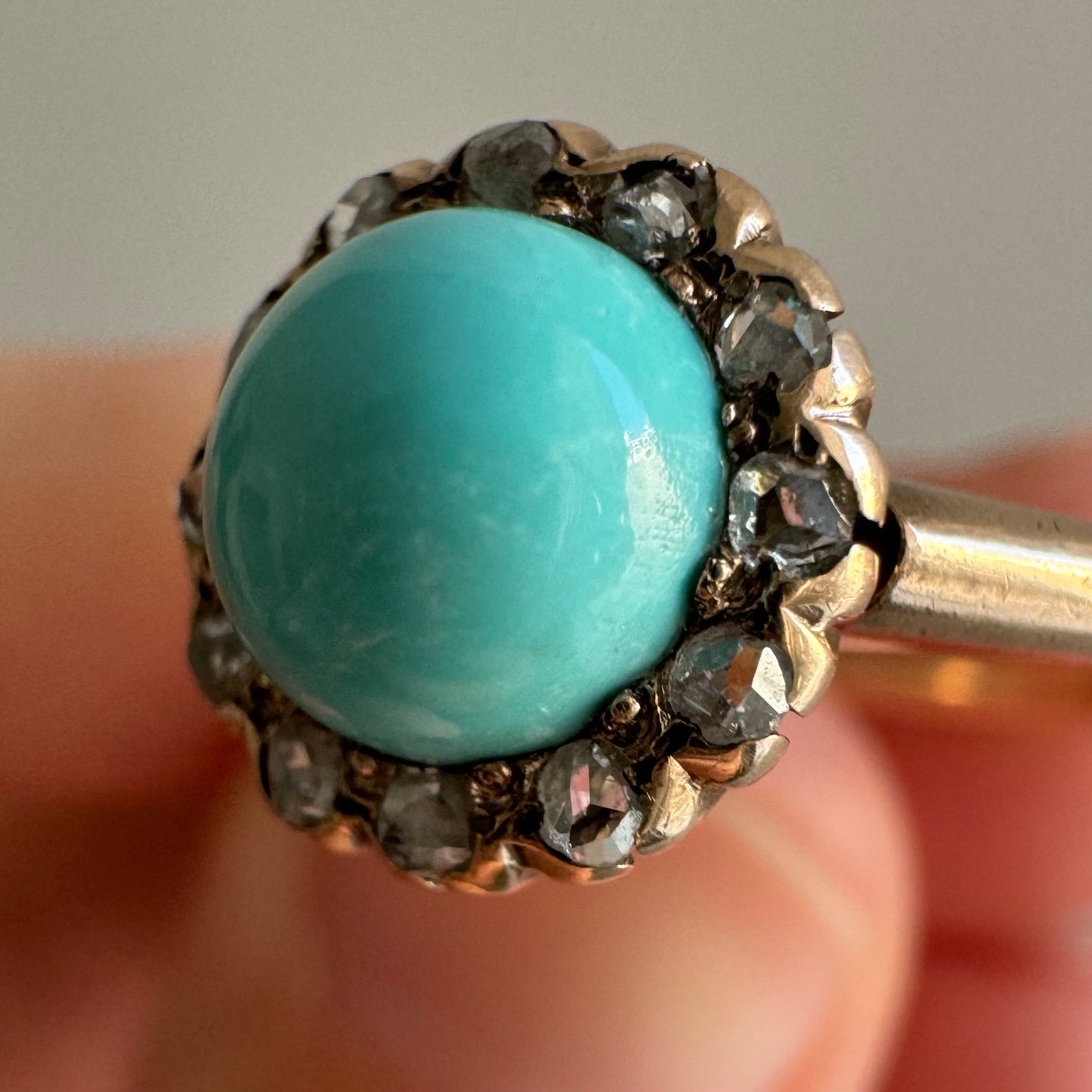 re-worked A N T I Q U E // turquoise daisy halo / 10k victorian gold with rose cut grey diamonds and turquoise / size 6