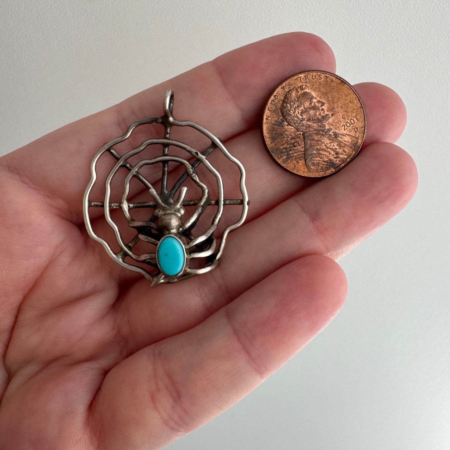 V I N T A G E // web weaver / sterling silver turquoise back spider on her web / a pendant