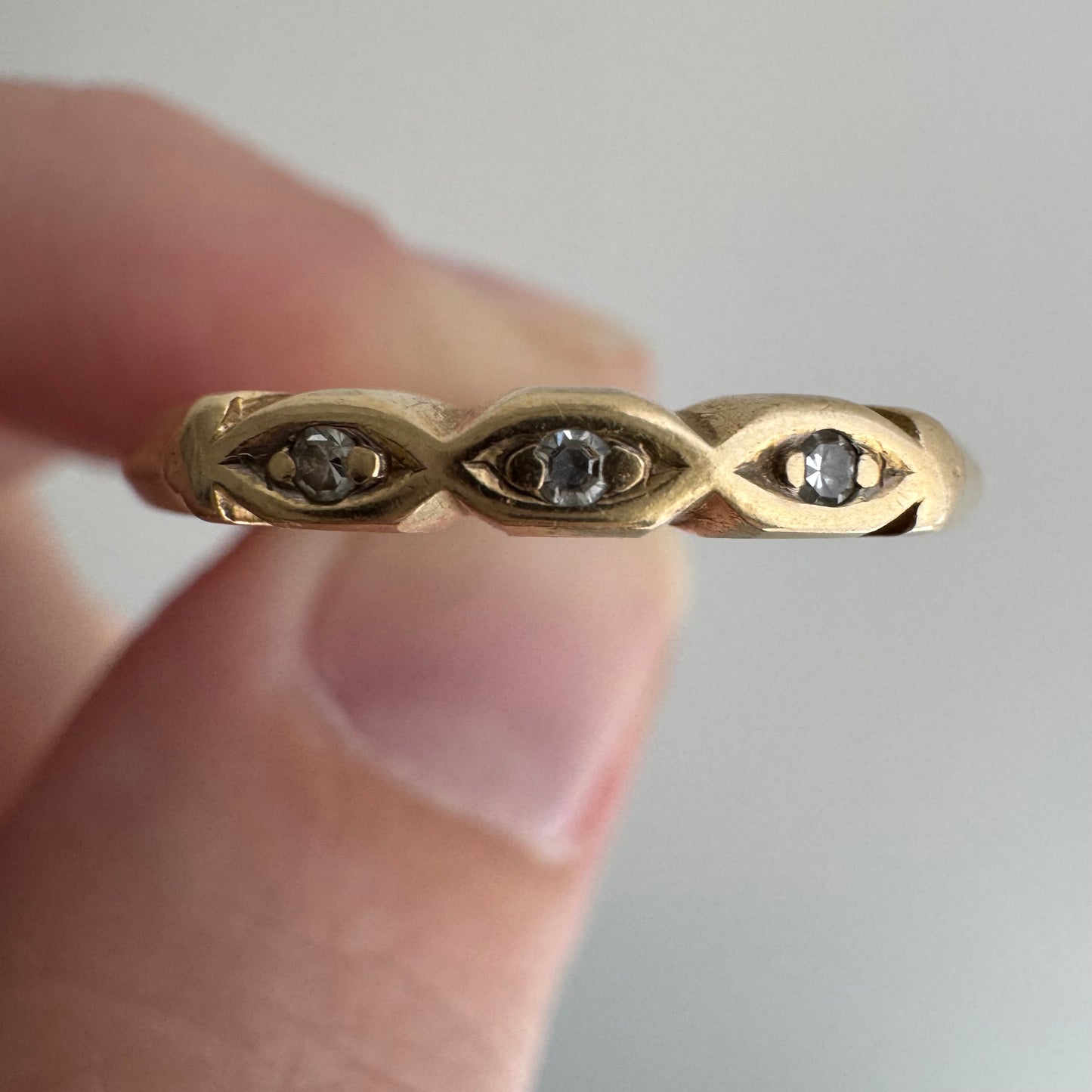 V I N T A G E // and your third eye / 14k and diamond east west navette eye diamond trilogy band / size 9