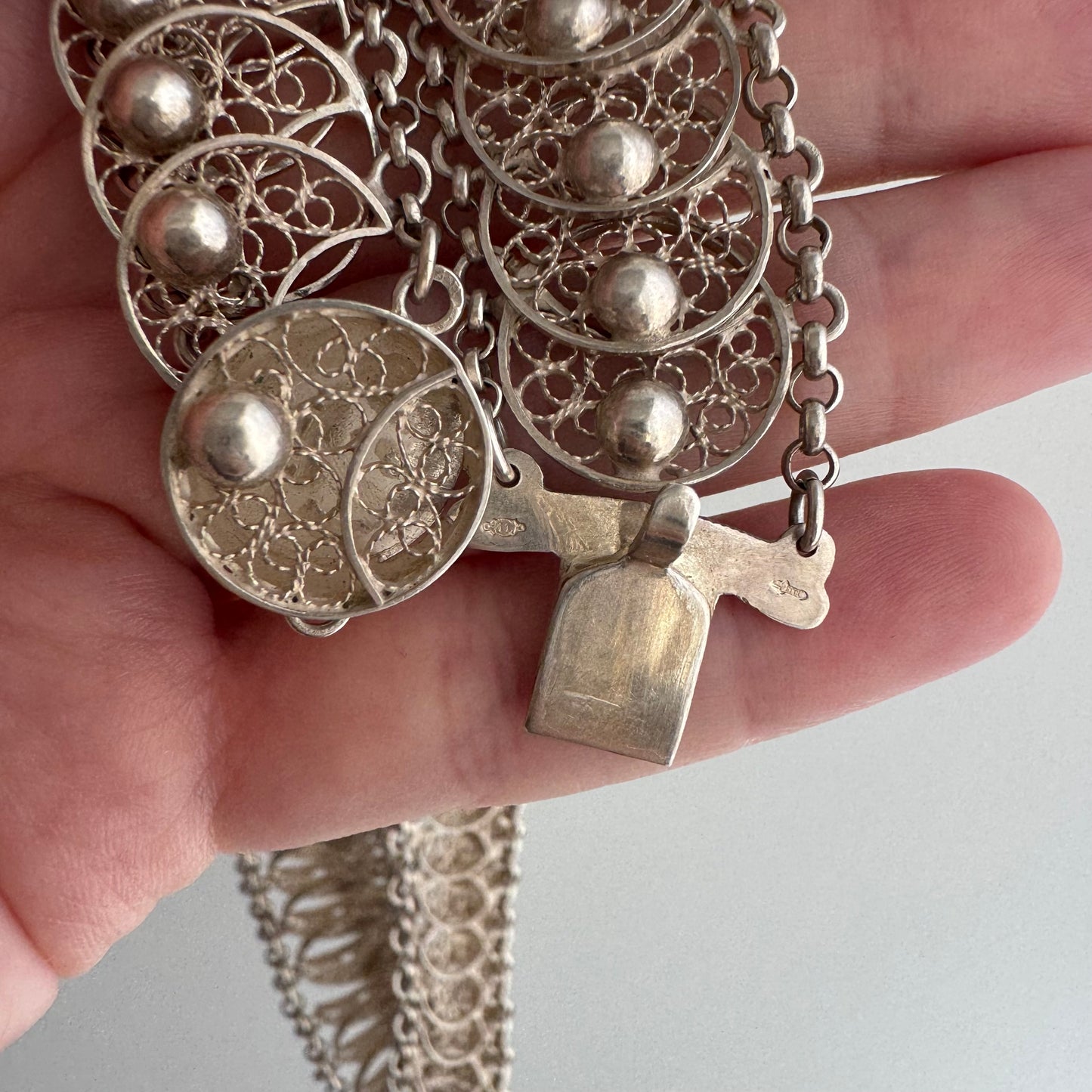 V I N T A G E // many many moons / eastern European 835 silver crescent moon filigree link flat chain necklace / 16.75", 54g