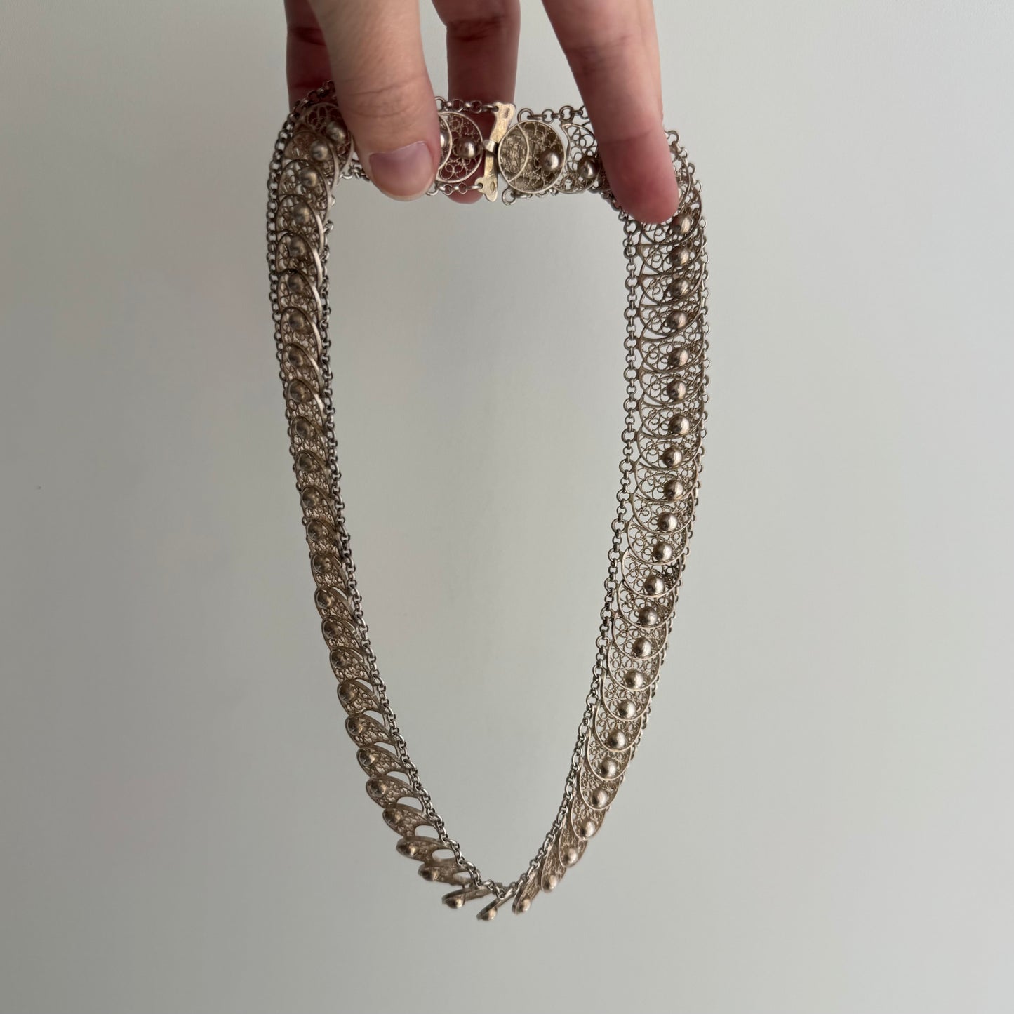 V I N T A G E // many many moons / eastern European 835 silver crescent moon filigree link flat chain necklace / 16.75", 54g
