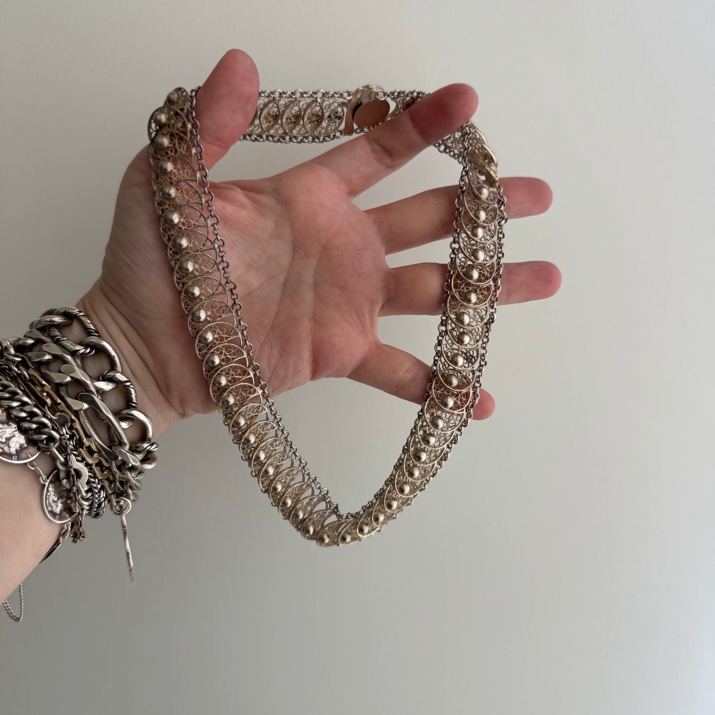 V I N T A G E // many many moons / eastern European 835 silver crescent moon filigree link flat chain necklace / 16.75", 54g