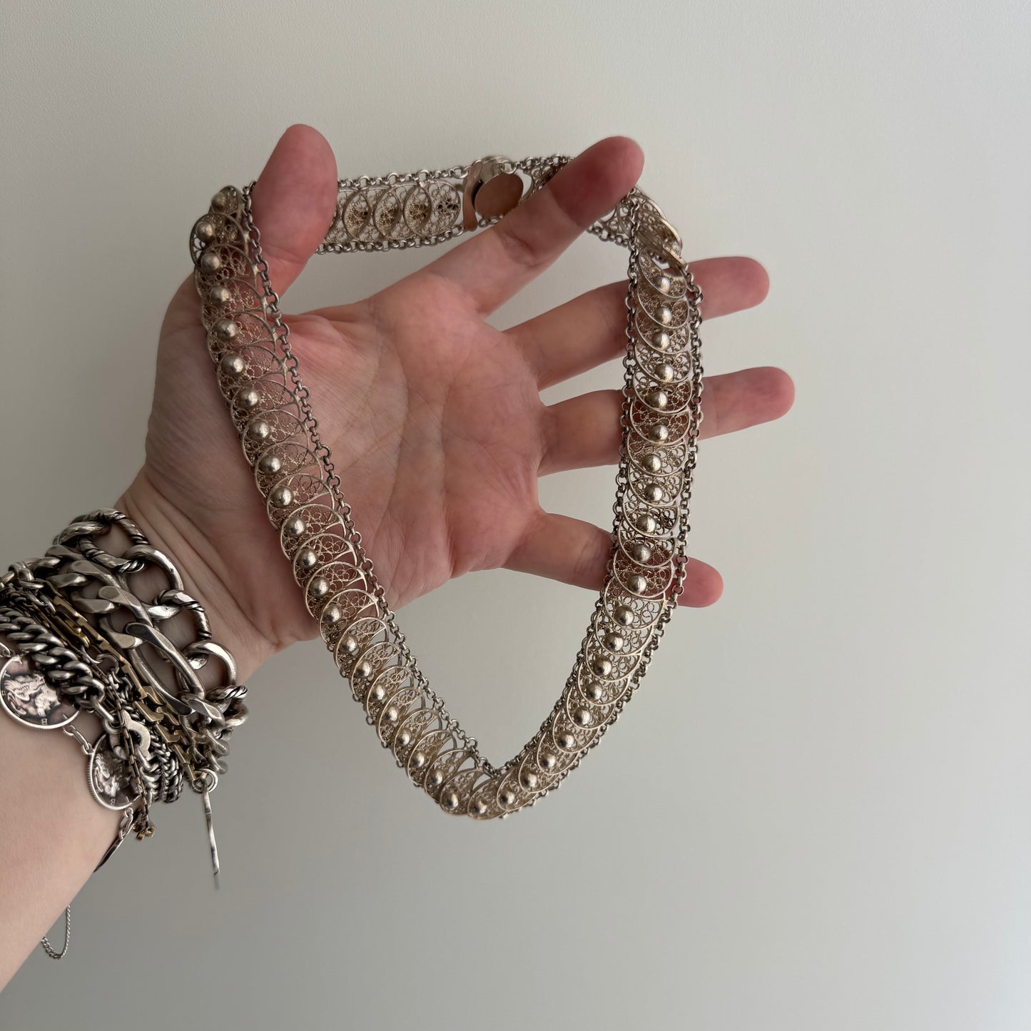 V I N T A G E // many many moons / eastern European 835 silver crescent moon filigree link flat chain necklace / 16.75", 54g