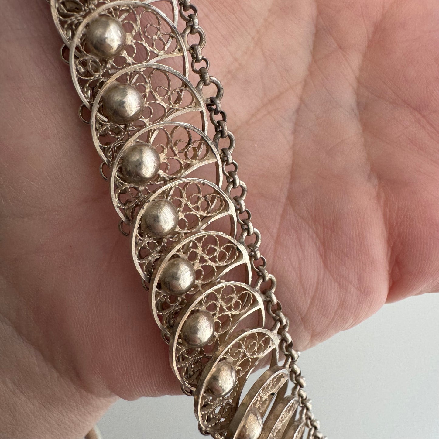 V I N T A G E // many many moons / eastern European 835 silver crescent moon filigree link flat chain necklace / 16.75", 54g