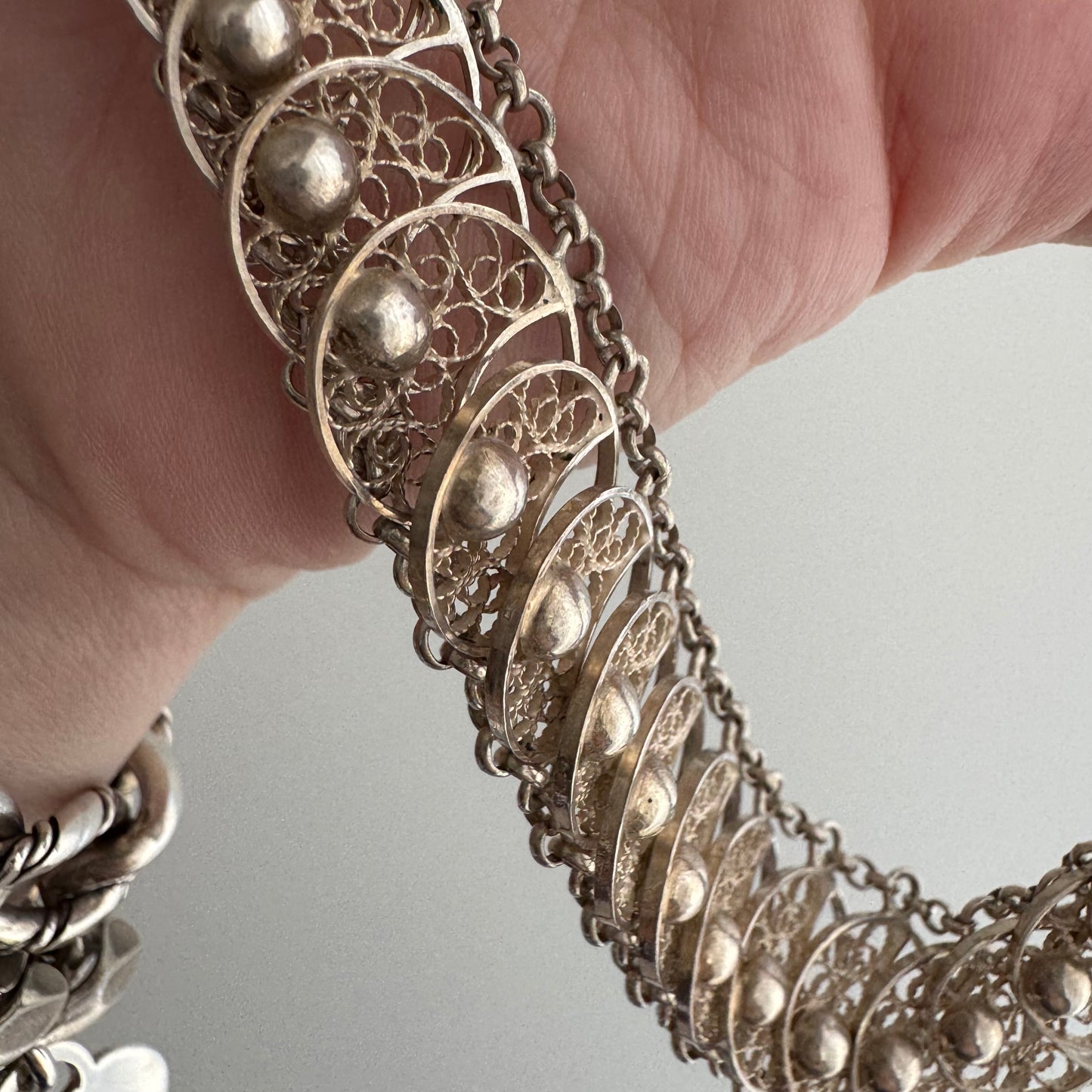 V I N T A G E // many many moons / eastern European 835 silver crescent moon filigree link flat chain necklace / 16.75", 54g