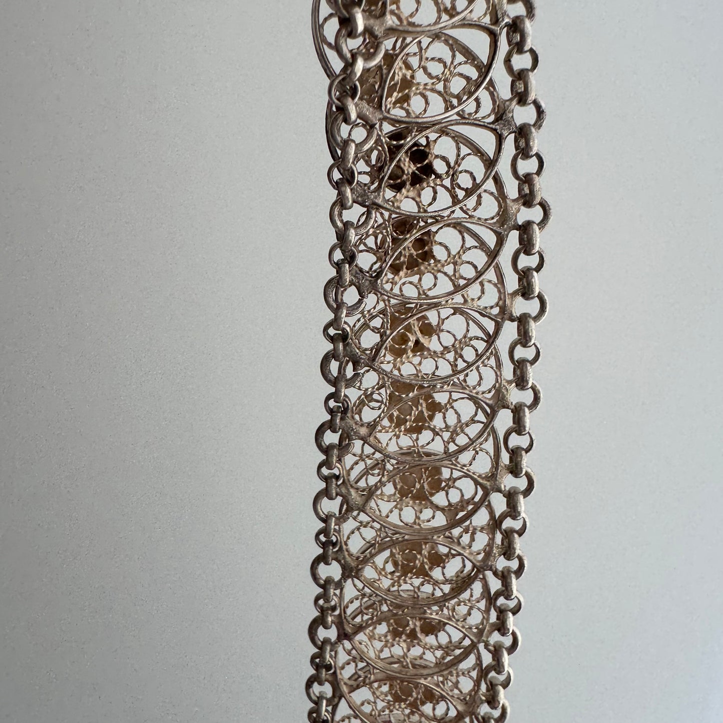 V I N T A G E // many many moons / eastern European 835 silver crescent moon filigree link flat chain necklace / 16.75", 54g