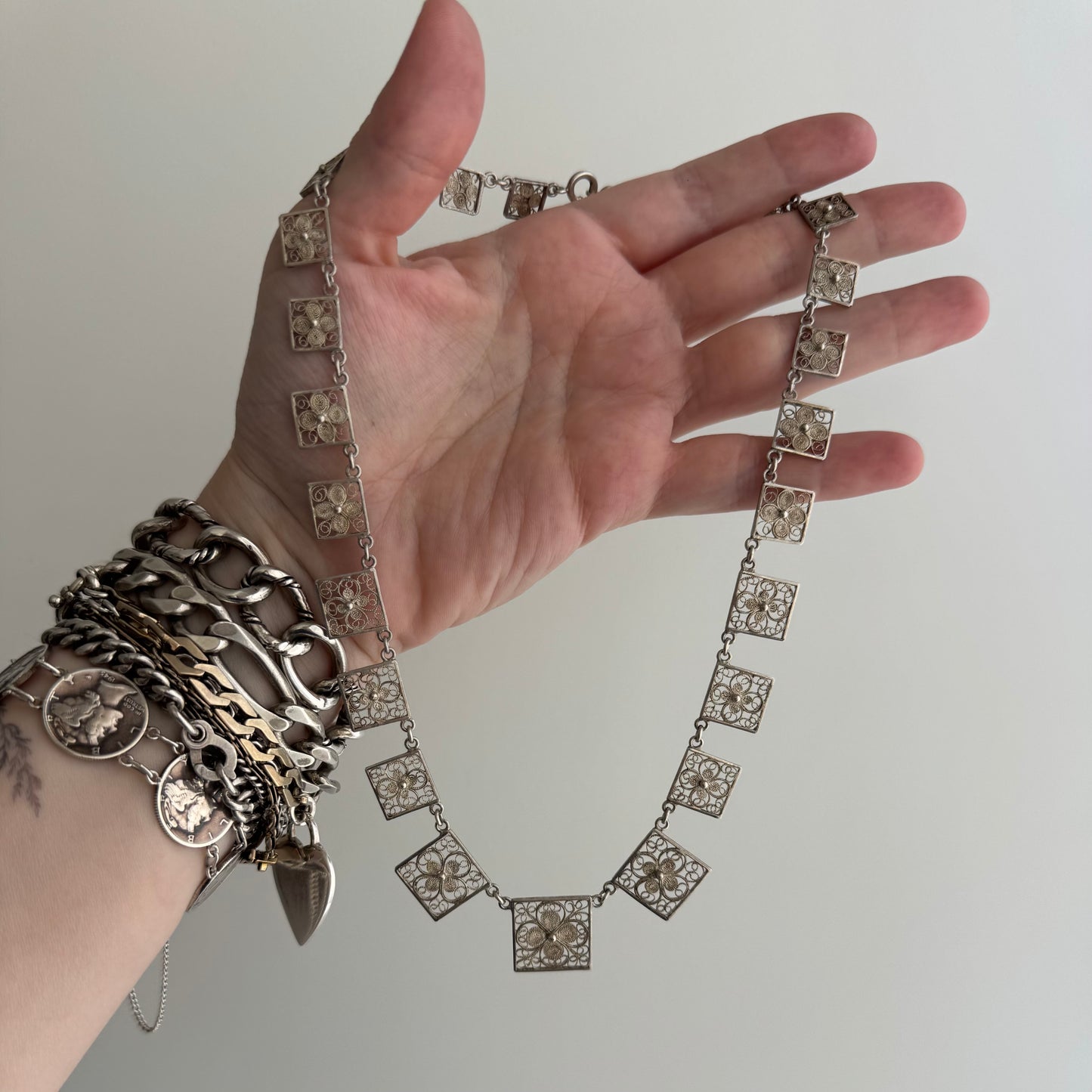 V I N T A G E // floral panels / eastern European 835 silver square floral filigree panel necklace / 17", 18g