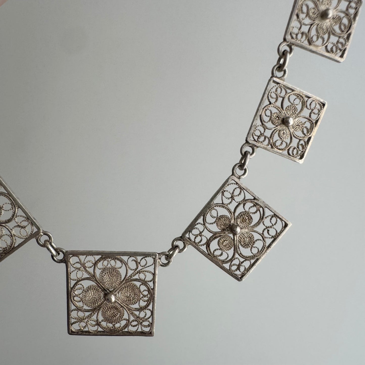 V I N T A G E // floral panels / eastern European 835 silver square floral filigree panel necklace / 17", 18g