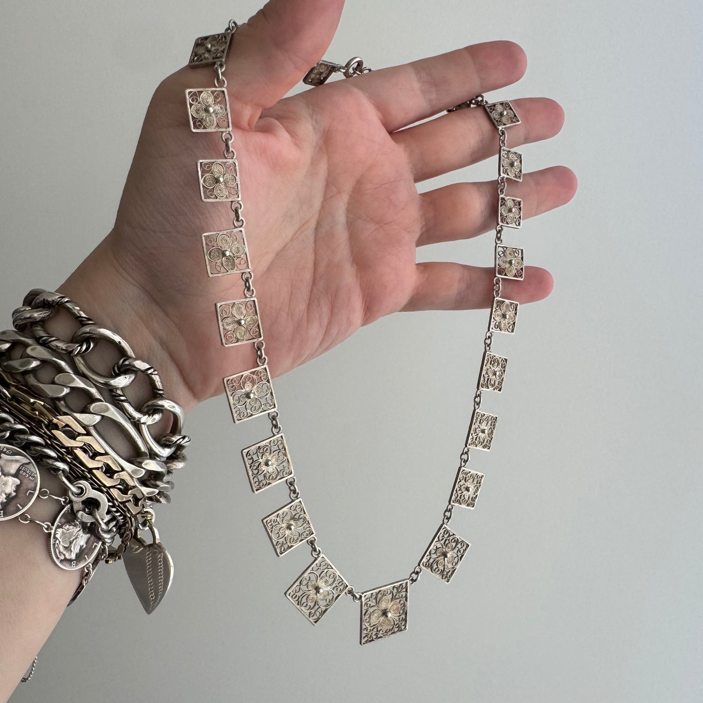 V I N T A G E // floral panels / eastern European 835 silver square floral filigree panel necklace / 17", 18g