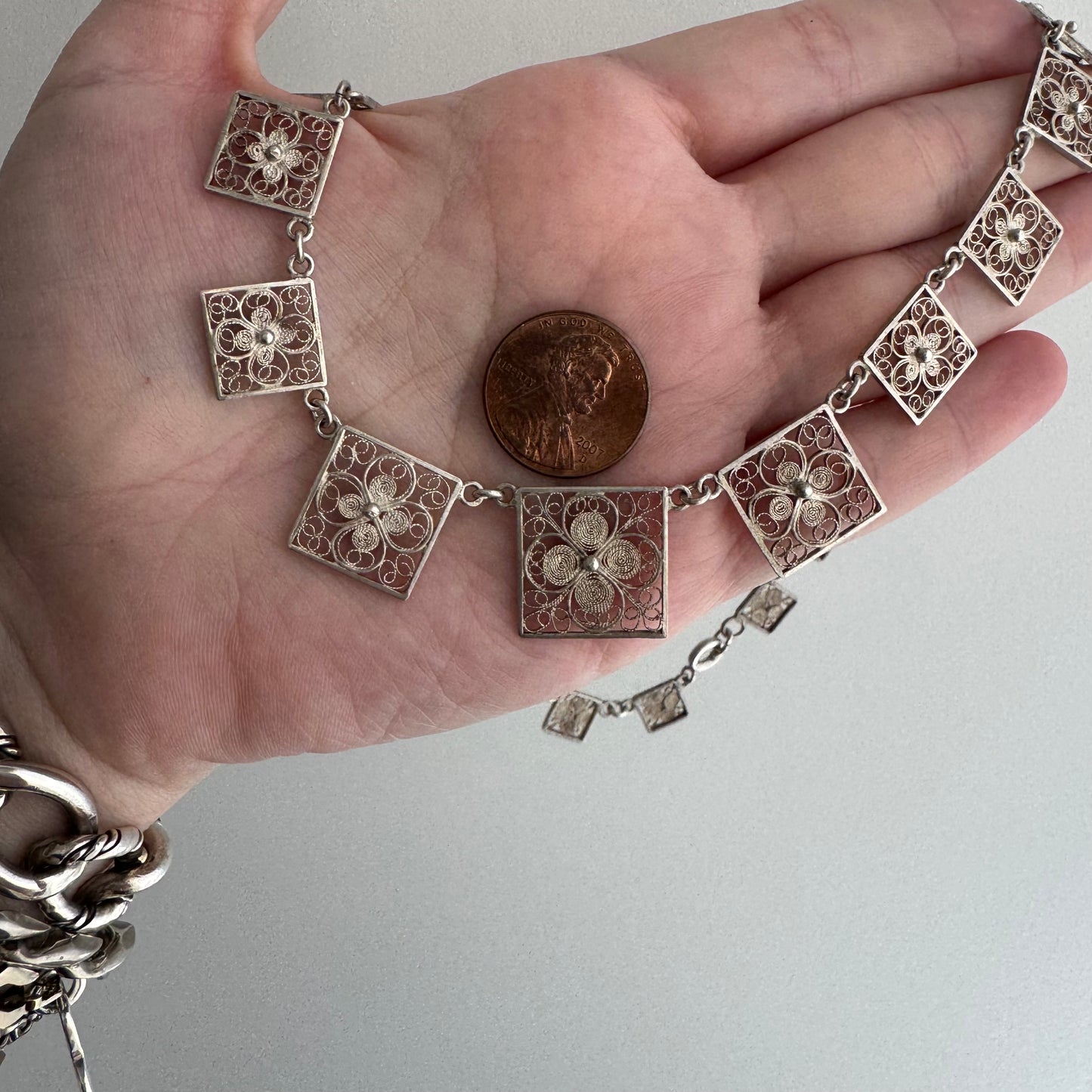 V I N T A G E // floral panels / eastern European 835 silver square floral filigree panel necklace / 17", 18g