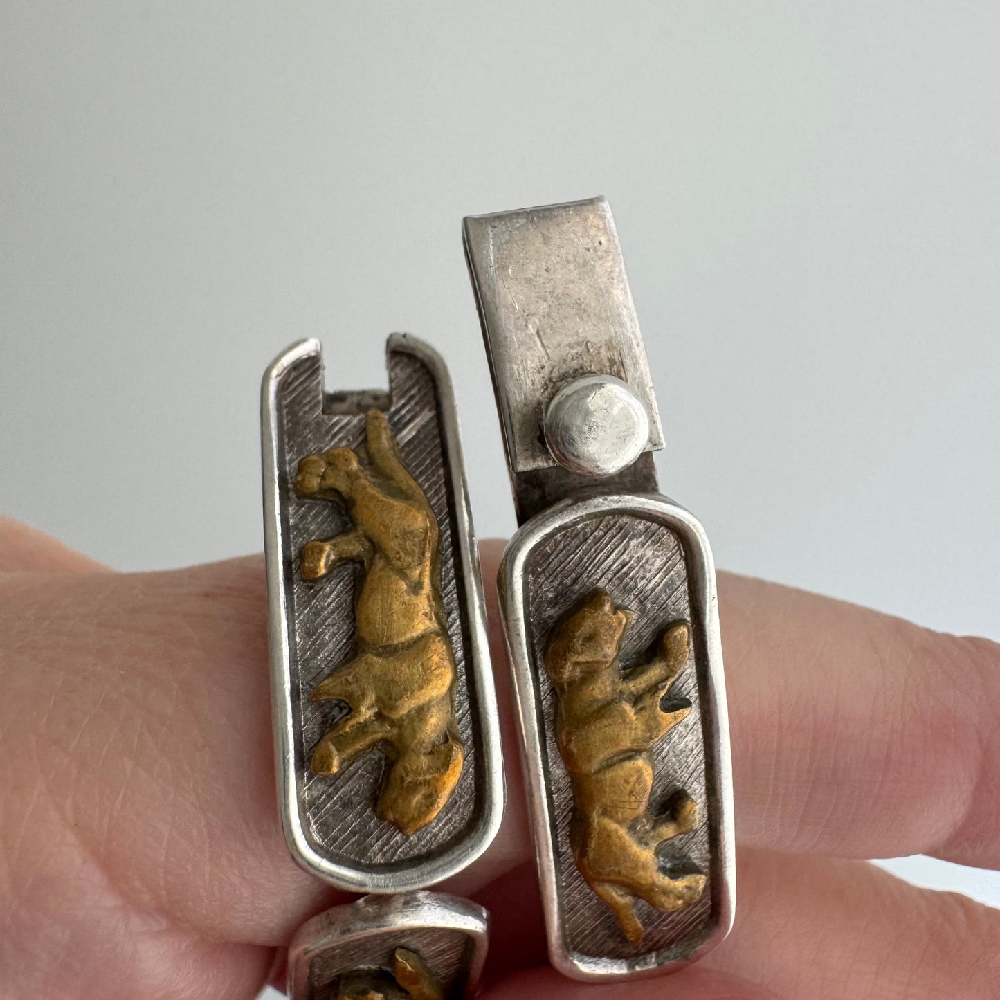 V I N T A G E // big cat links / designer inspired sterling silver and brass panther link bracelet / ~7.75", 35.1g