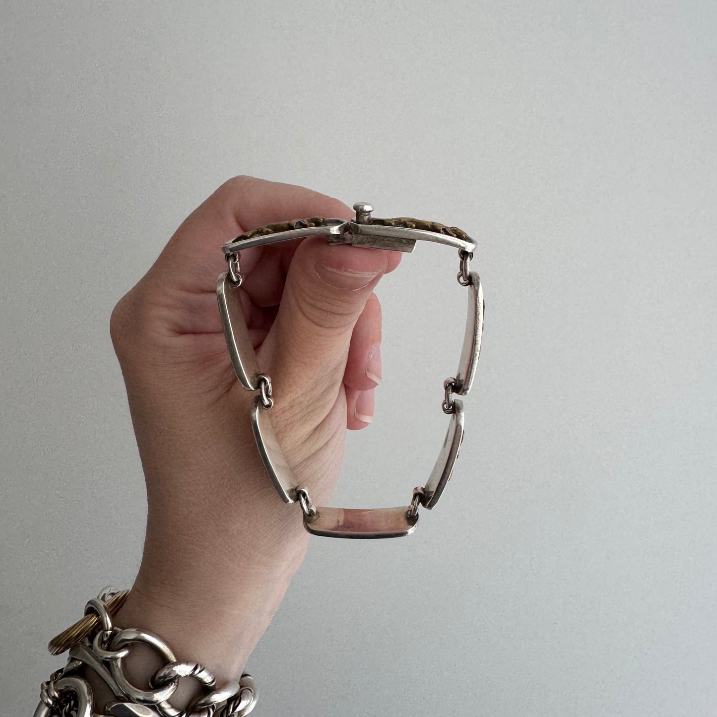 V I N T A G E // big cat links / designer inspired sterling silver and brass panther link bracelet / ~7.75", 35.1g