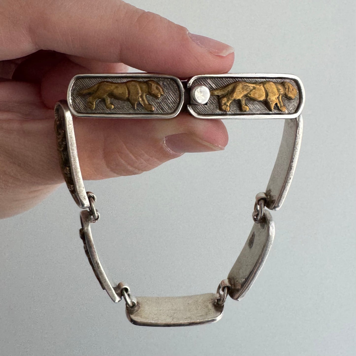 V I N T A G E // big cat links / designer inspired sterling silver and brass panther link bracelet / ~7.75", 35.1g
