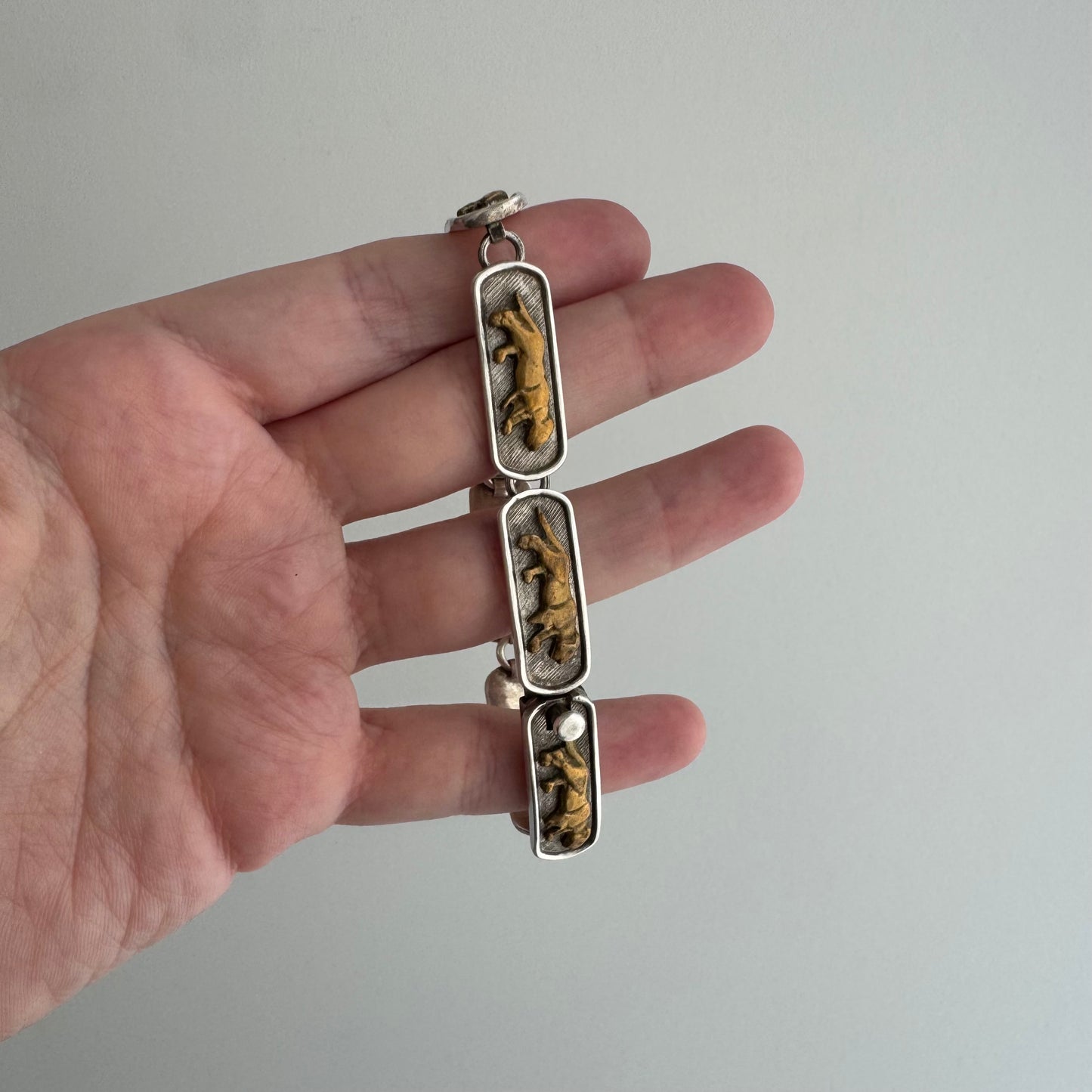 V I N T A G E // big cat links / designer inspired sterling silver and brass panther link bracelet / ~7.75", 35.1g