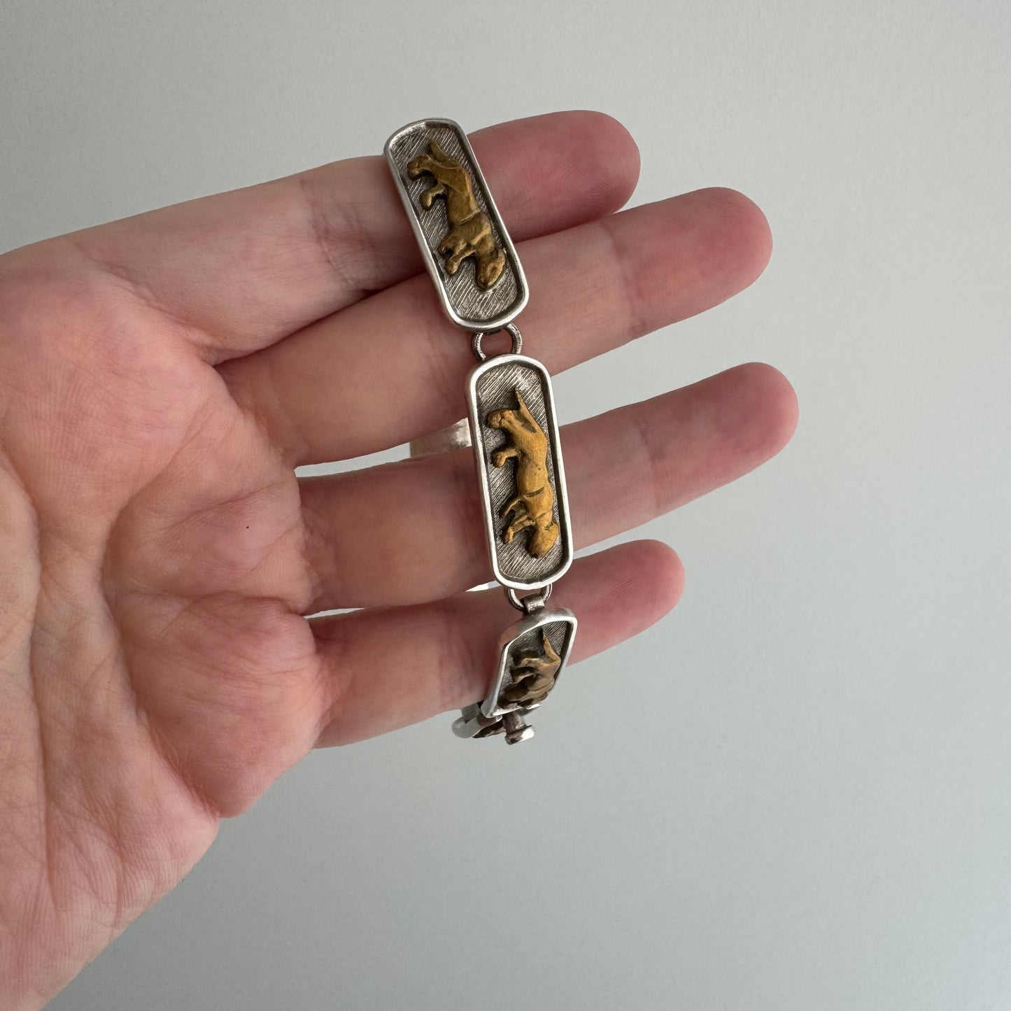 V I N T A G E // big cat links / designer inspired sterling silver and brass panther link bracelet / ~7.75", 35.1g