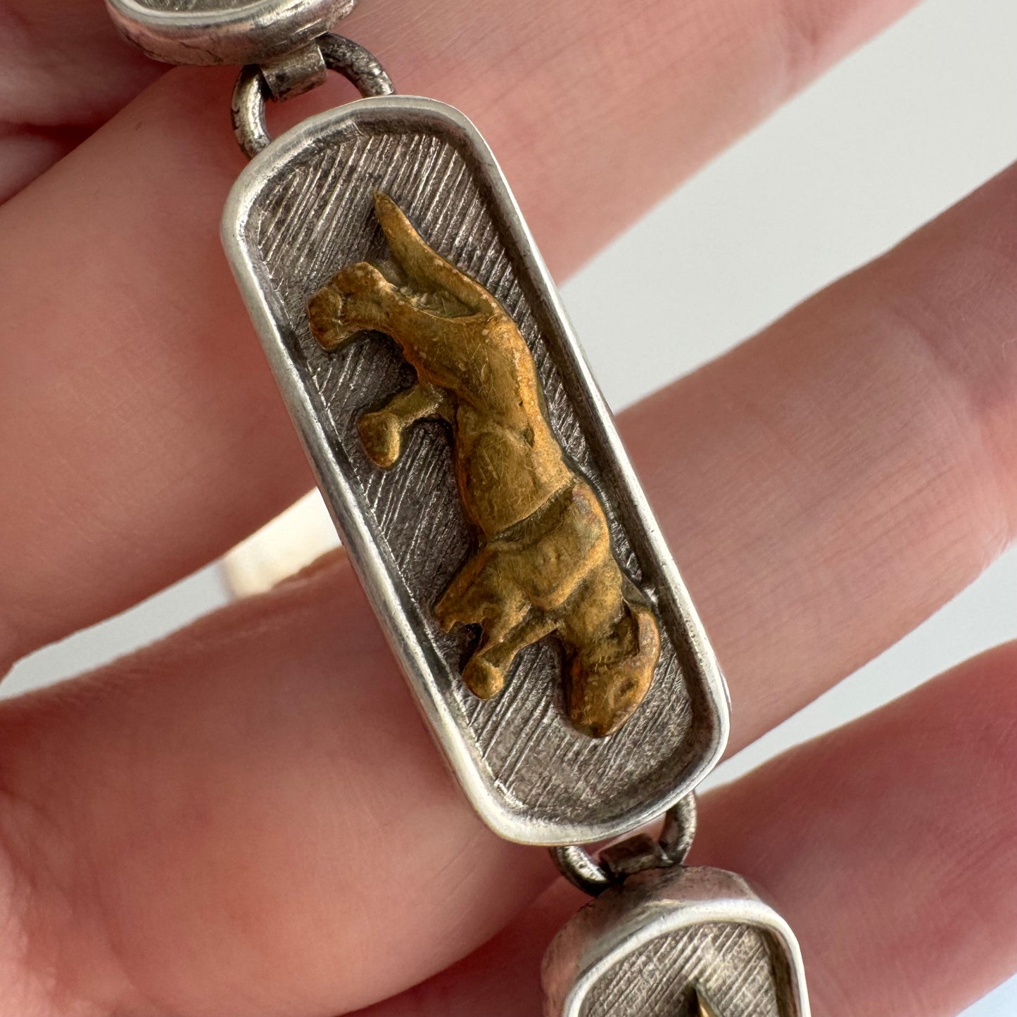 V I N T A G E // big cat links / designer inspired sterling silver and brass panther link bracelet / ~7.75", 35.1g