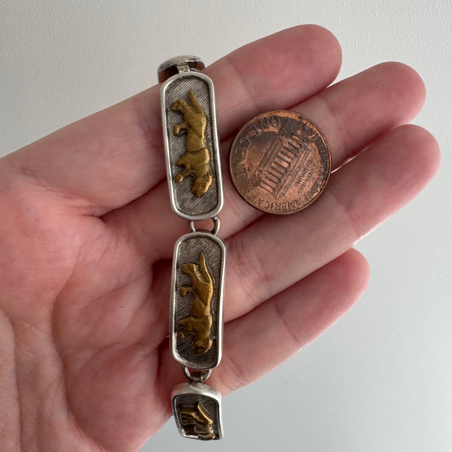 V I N T A G E // big cat links / designer inspired sterling silver and brass panther link bracelet / ~7.75", 35.1g