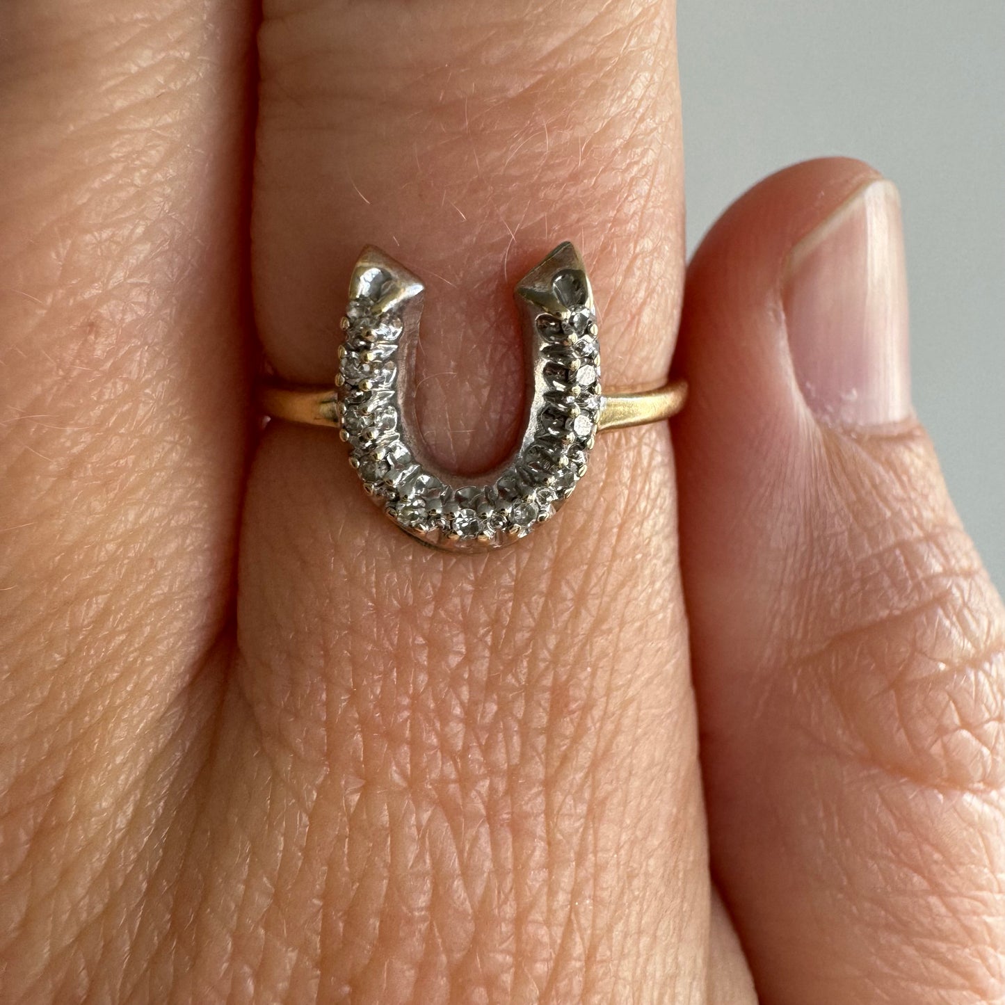 P R E - L O V E D // full of luck / 10k yellow and white gold horseshoe ring with diamonds / size 6