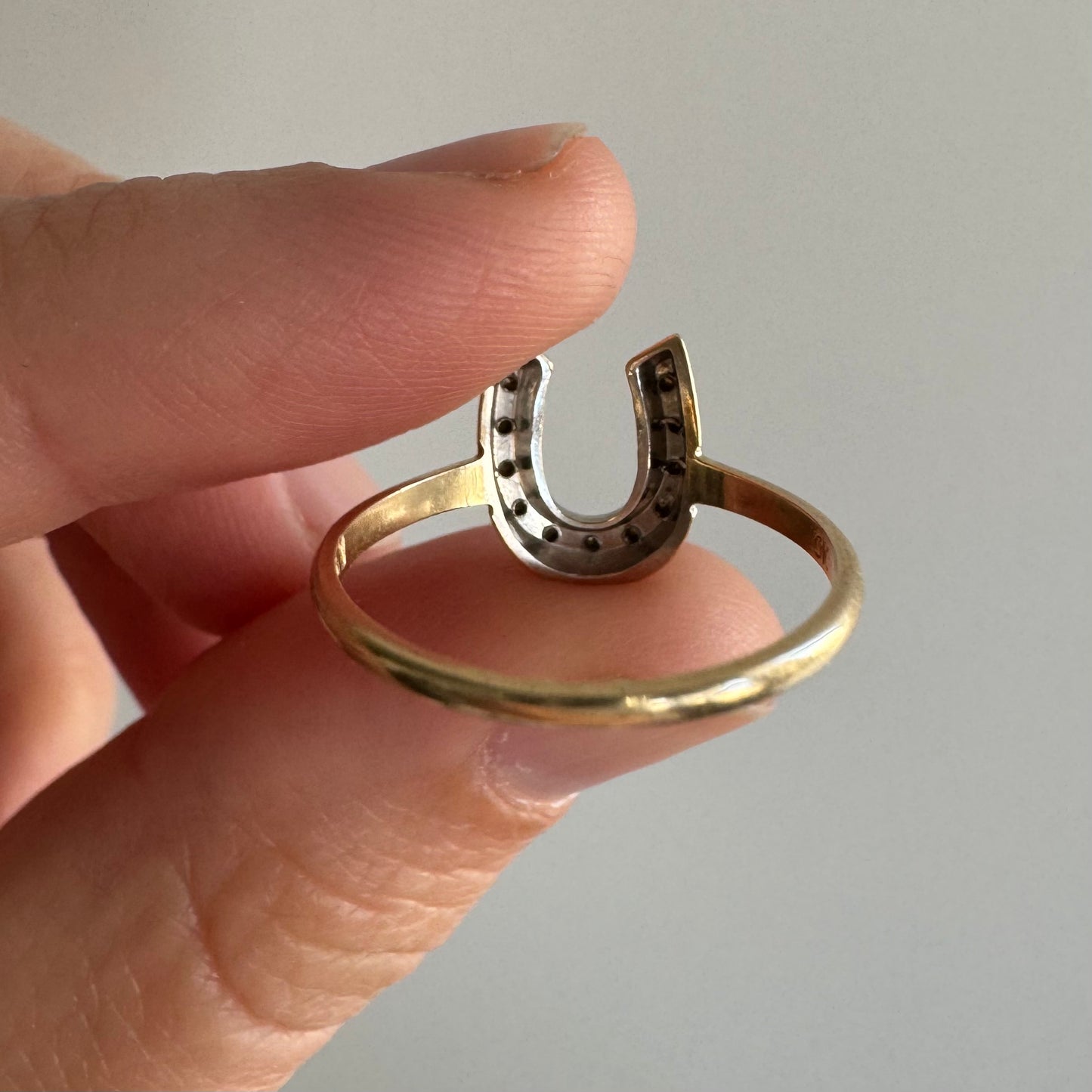 P R E - L O V E D // full of luck / 10k yellow and white gold horseshoe ring with diamonds / size 6