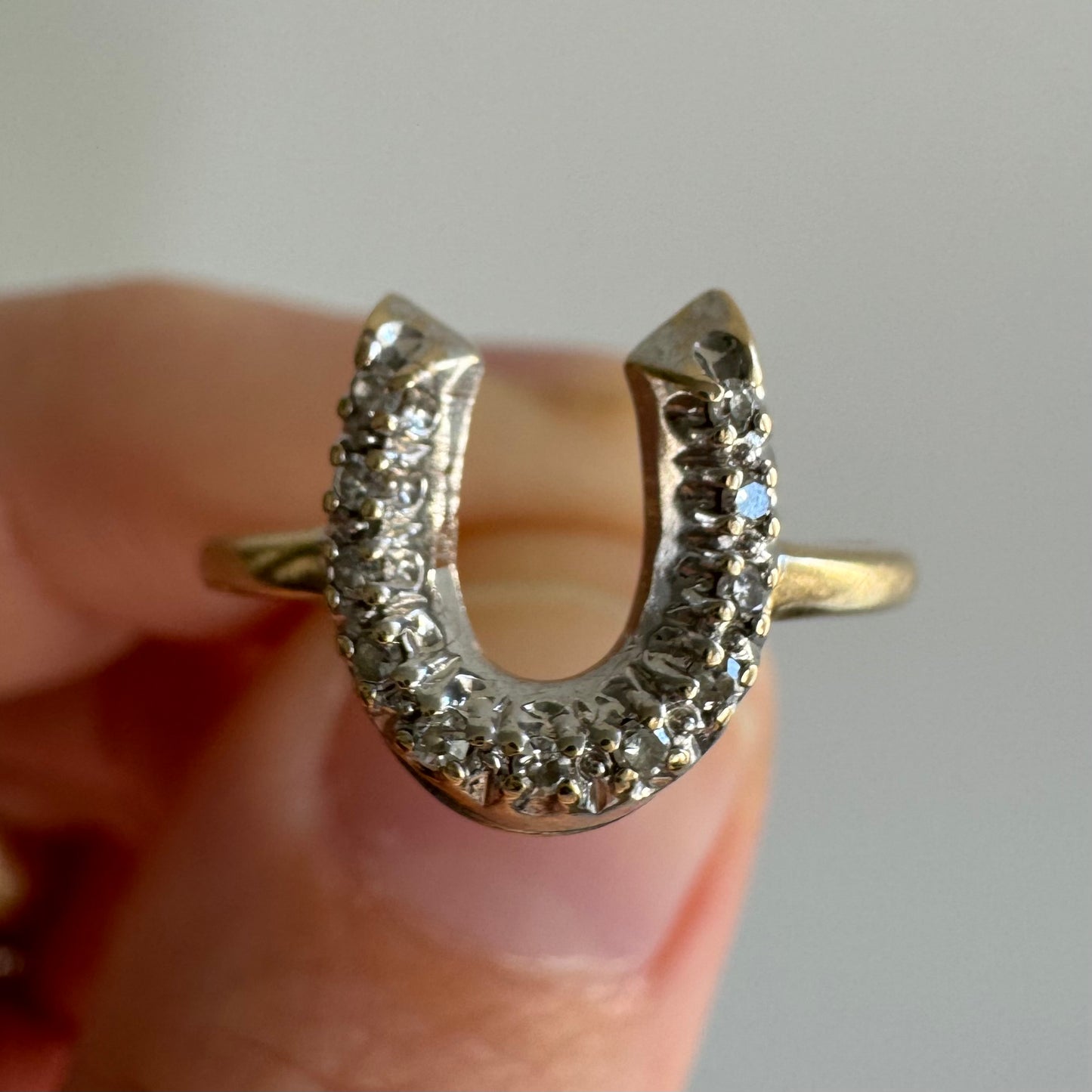 P R E - L O V E D // full of luck / 10k yellow and white gold horseshoe ring with diamonds / size 6