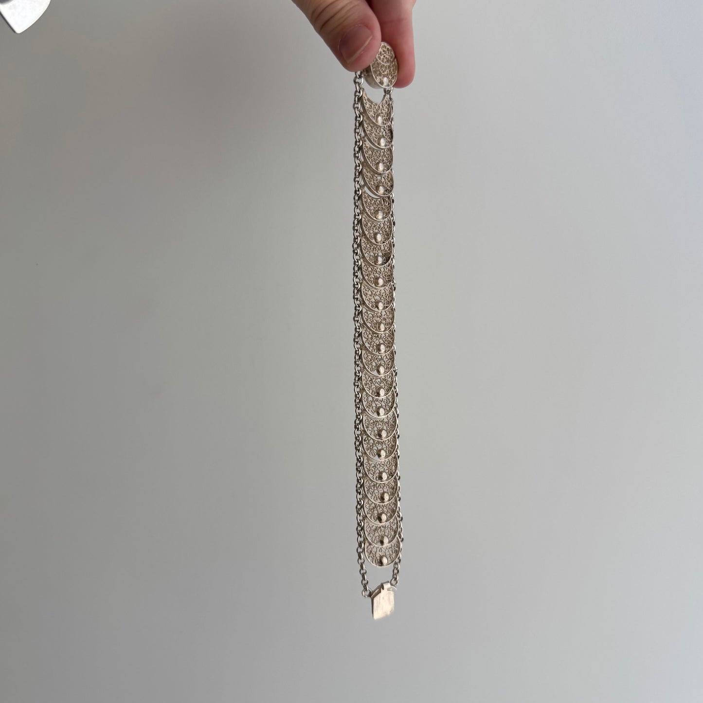 V I N T A G E // many many moons / eastern European 835 silver crescent moon filigree link flat chain bracelet / 7.75", 25g