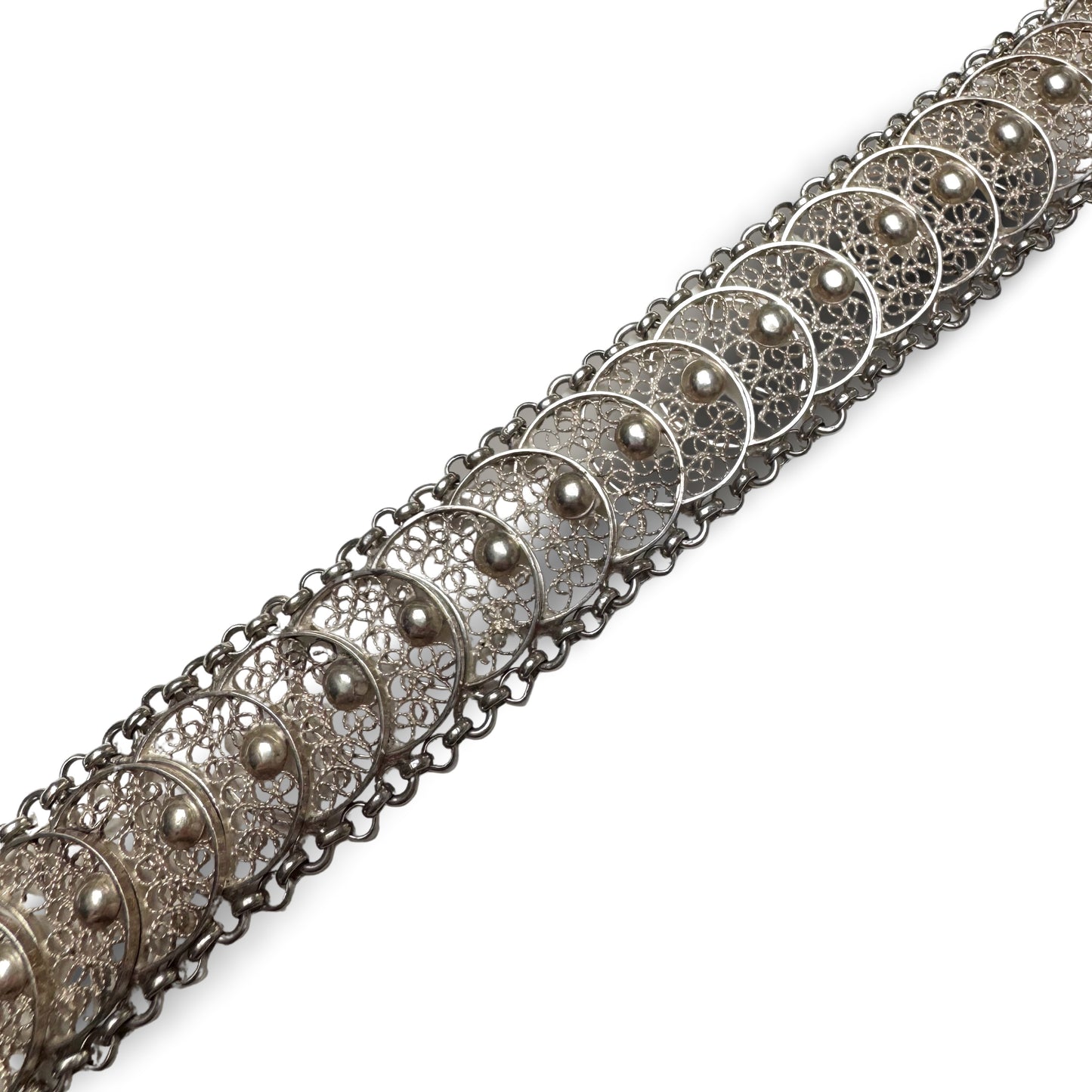 V I N T A G E // many many moons / eastern European 835 silver crescent moon filigree link flat chain bracelet / 7.75", 25g